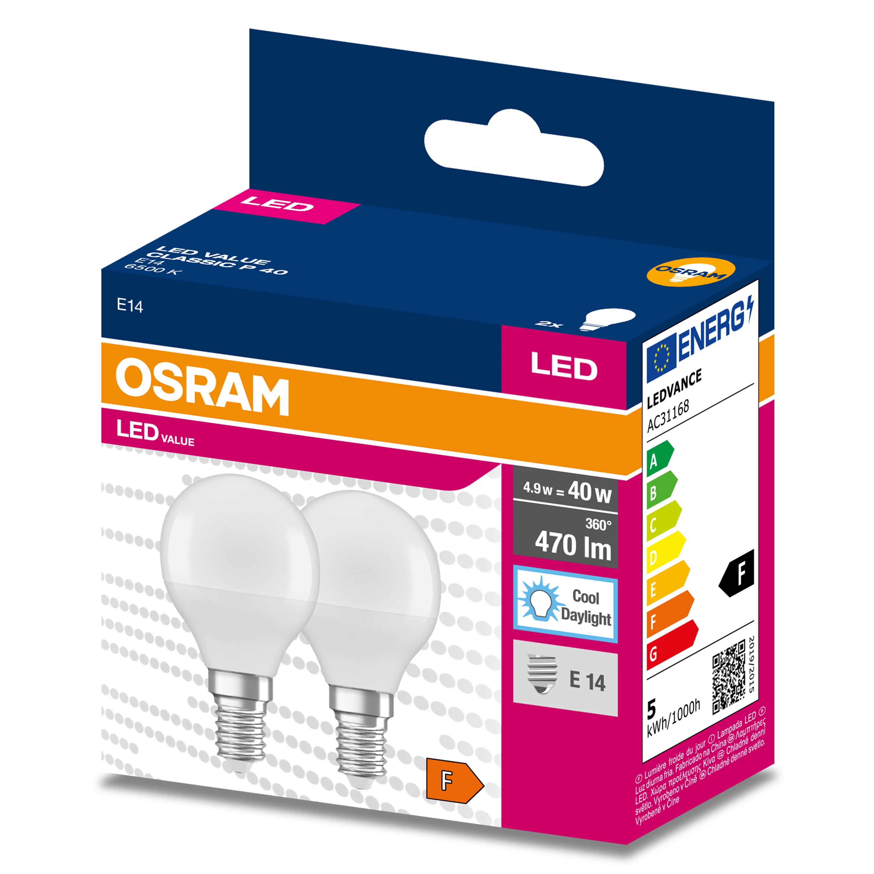 2x Żarówka LED P45 Kulka E14 4.9W = 40W 470lm 6500K Zimna 200° VALUE CLASSIC - Image 5