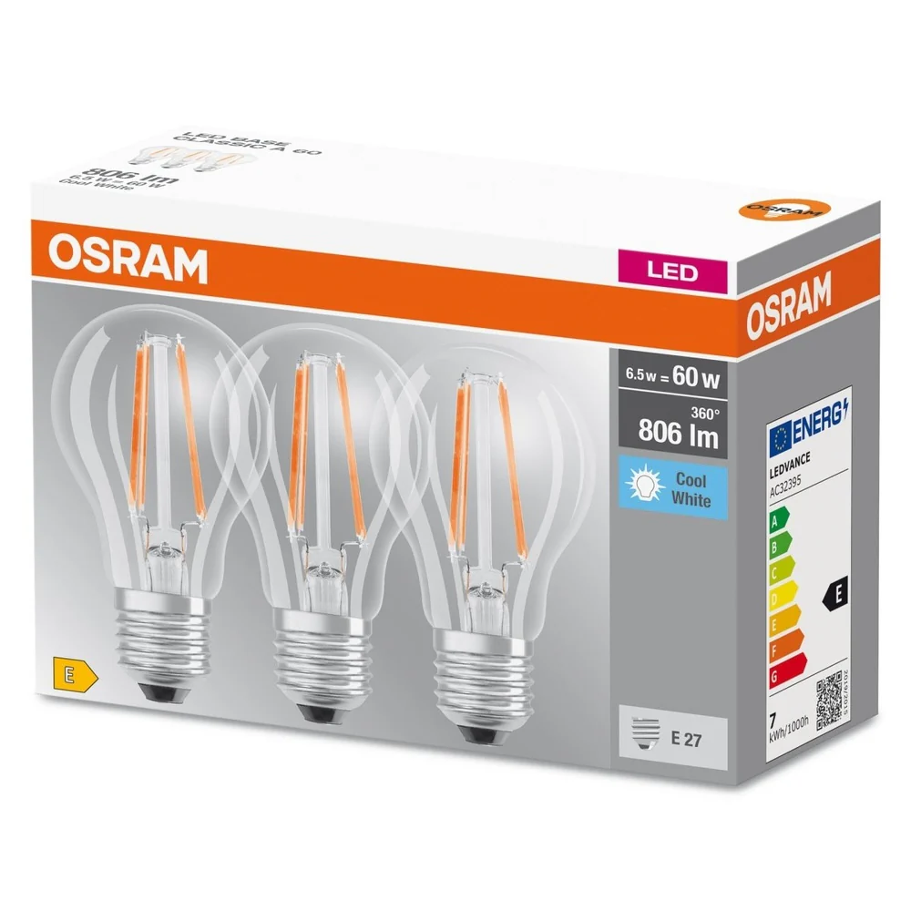 Żarówka LED E27 6,5W BASE 3 szt., filament, barwa zimna - Image 3