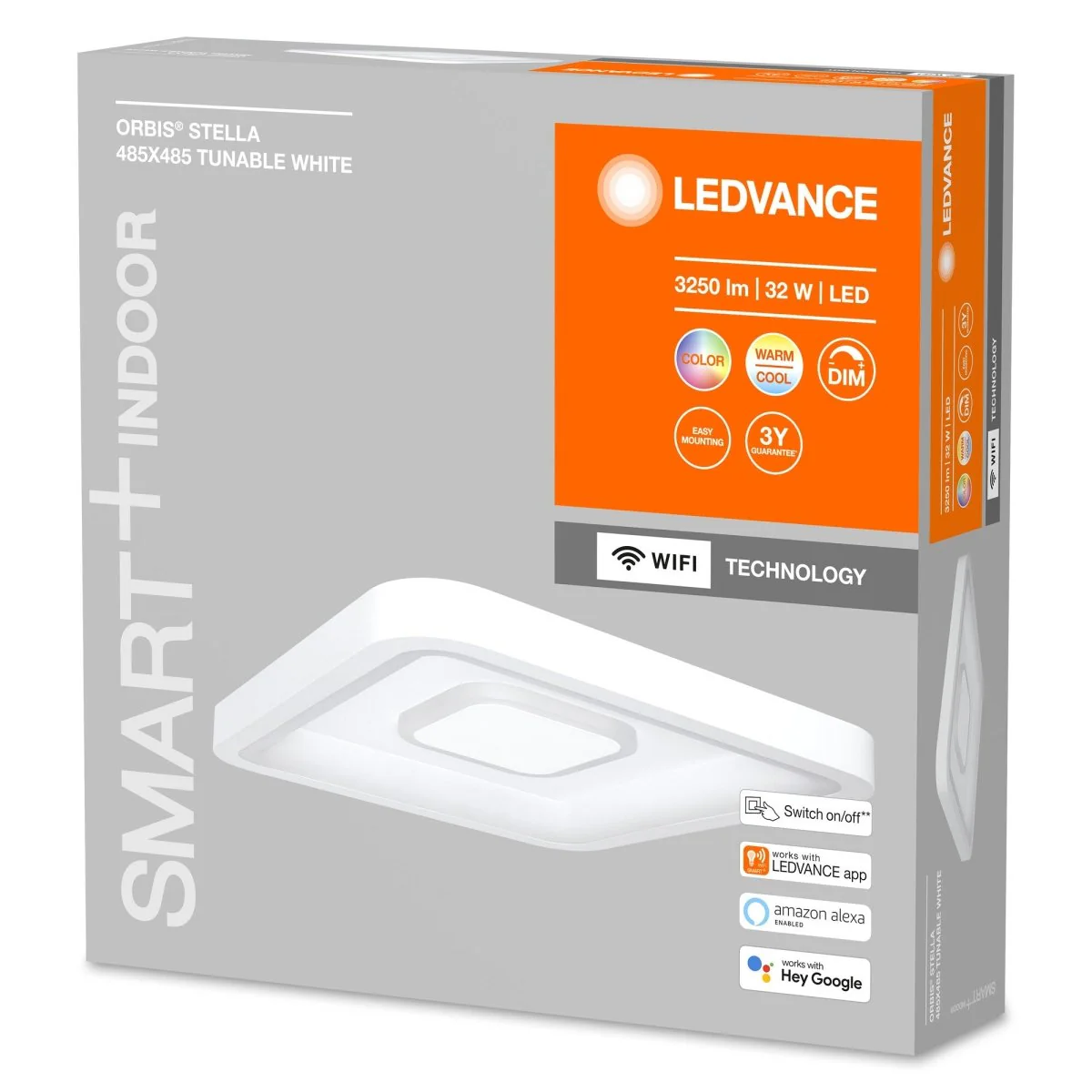 Lampa sufitowa LED WiFi ORBIS STELLA 32W, inteligentna, kwadratowa, RGB, kolor obudowy biały, regulowana biel, 485x485 mm - Image 3