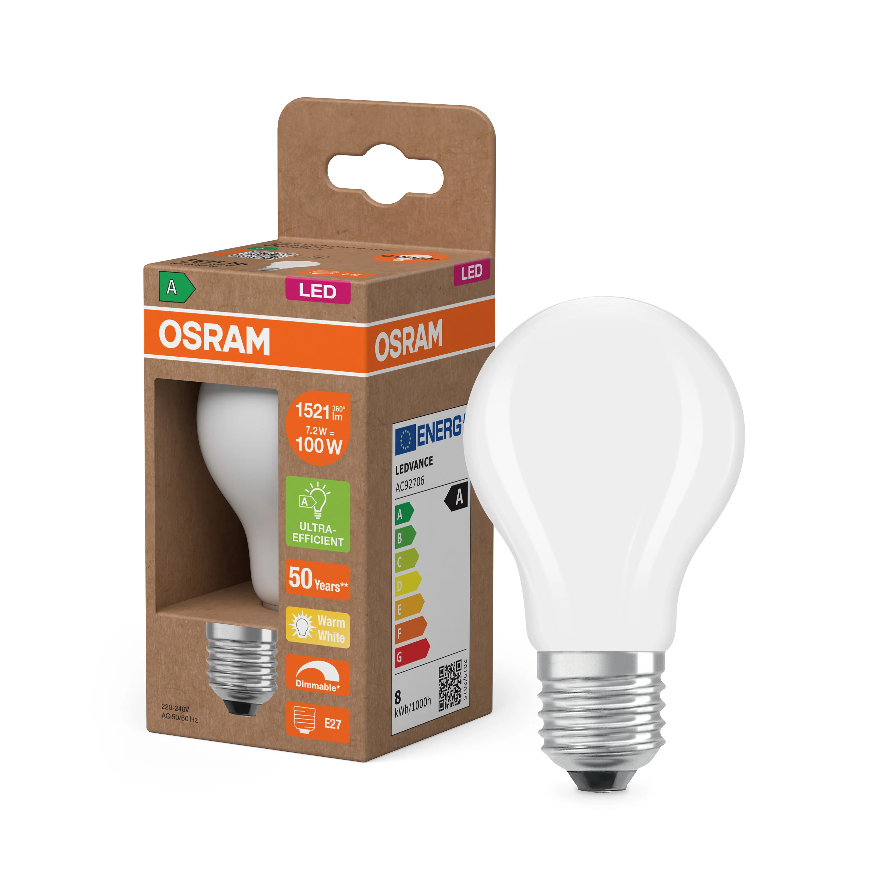 Lampa LED OSRAM LED Classic A 100  Filament DIM Energy efficiency class A  7.2W 827 Frosted E27 - Image 4