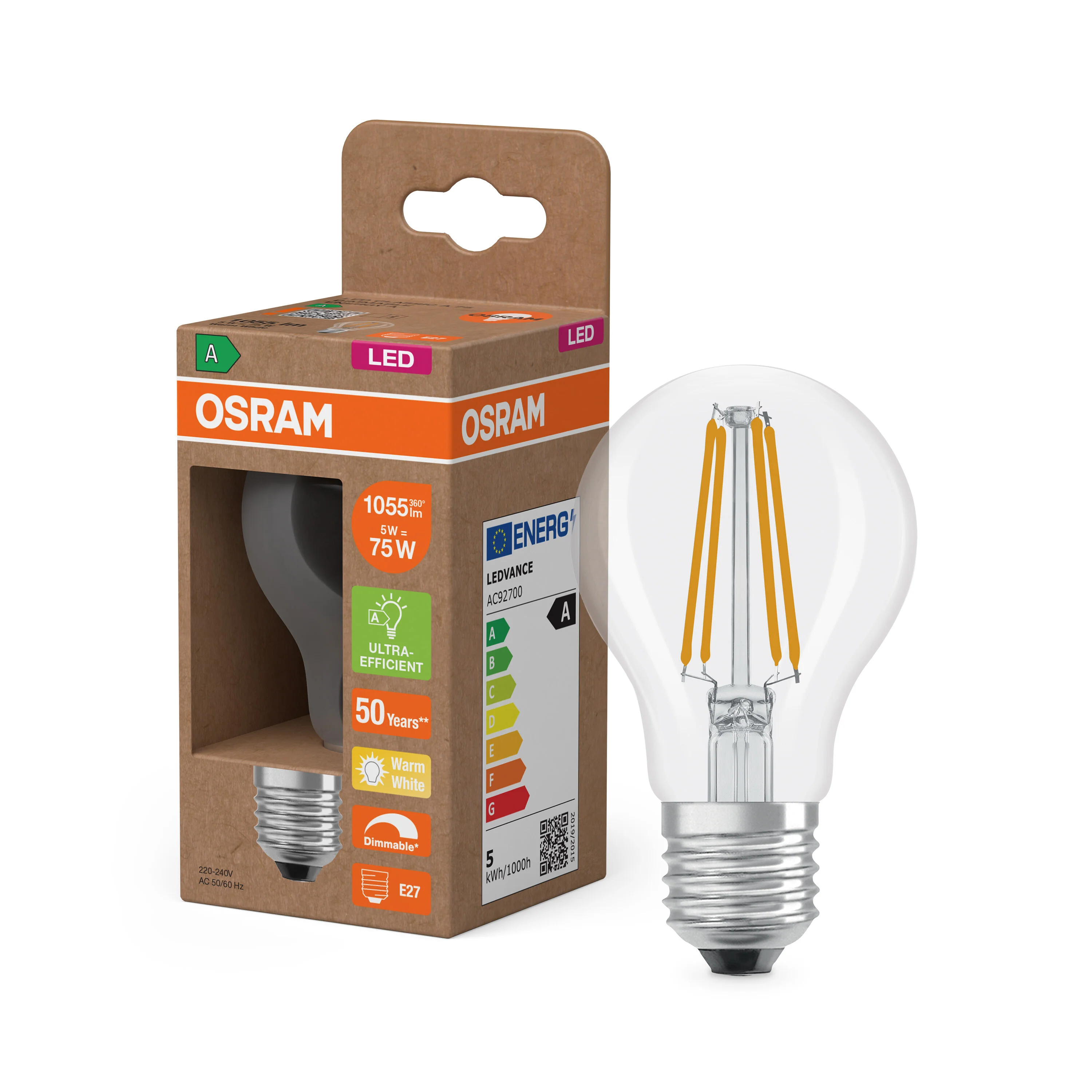 Lampa LED OSRAM LED Classic A 75 Filament  DIM Energy efficiency class A  5W 827 Clear E27 - Image 4