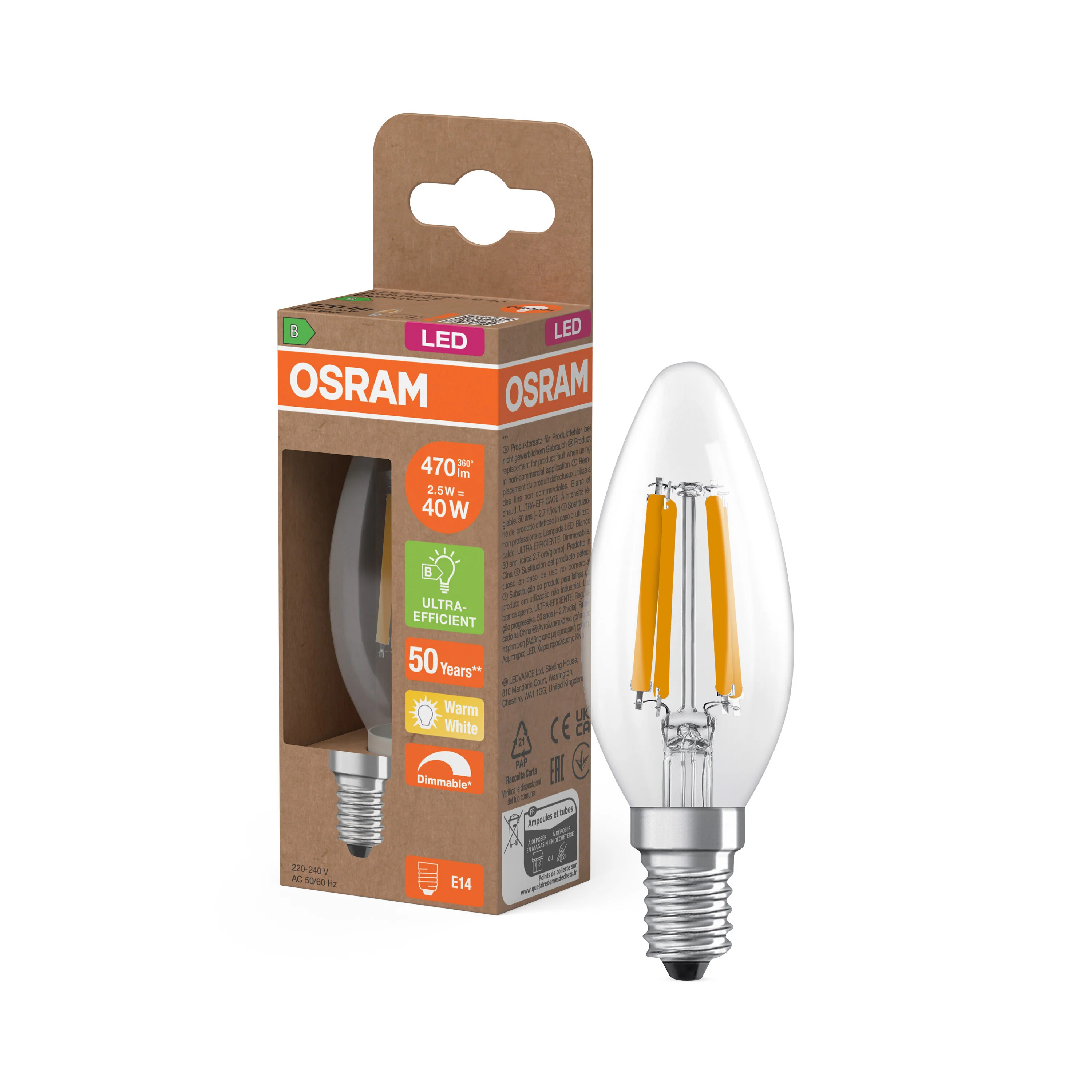 Lampa LED OSRAM LED Classic B 40 Filament DIM Energy efficiency class B 2.5W 827 Clear E14 - Image 4