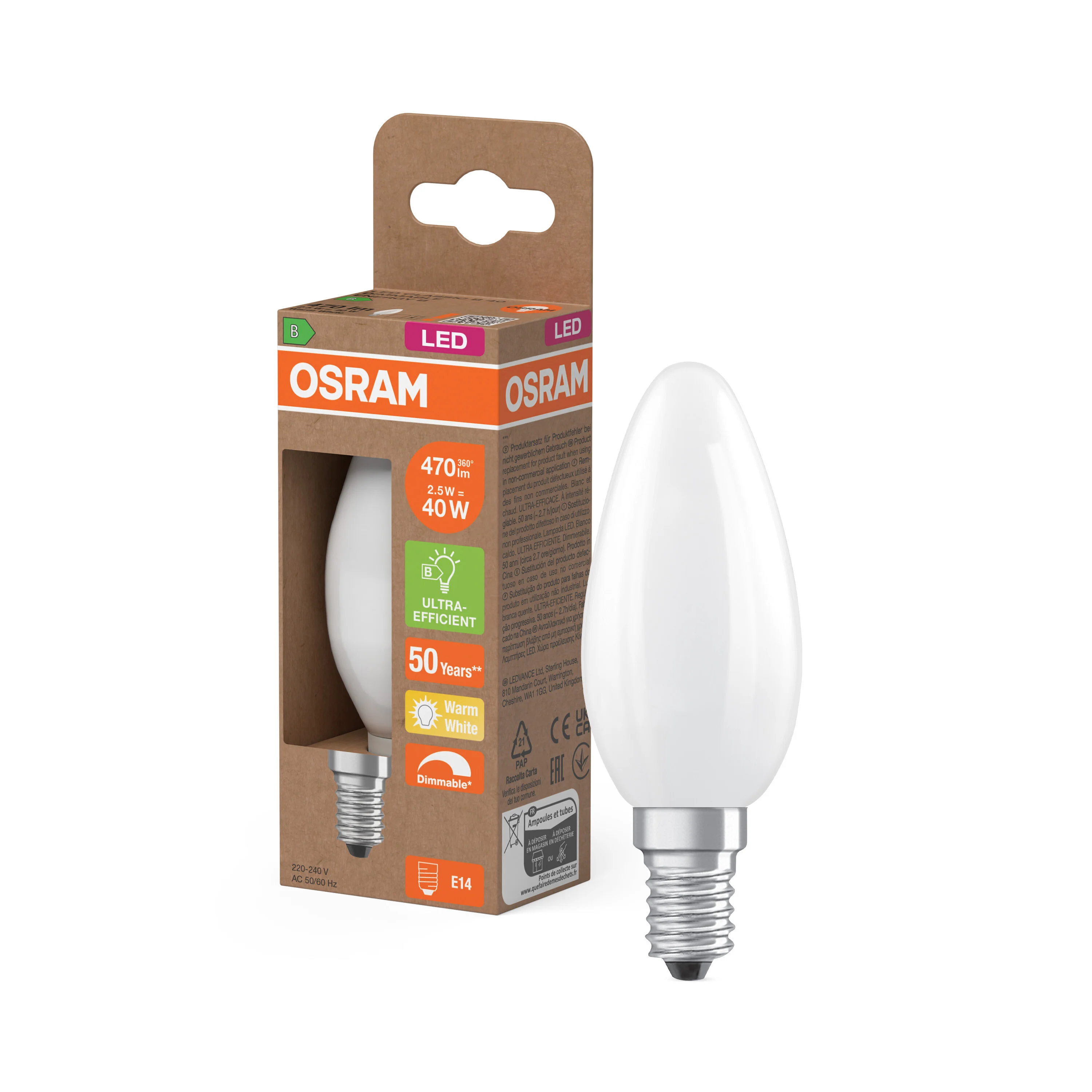 Lampa LED OSRAM LED Classic B 40 Filament DIM Energy efficiency class B 2.5W 827 Frosted E14 - Image 4