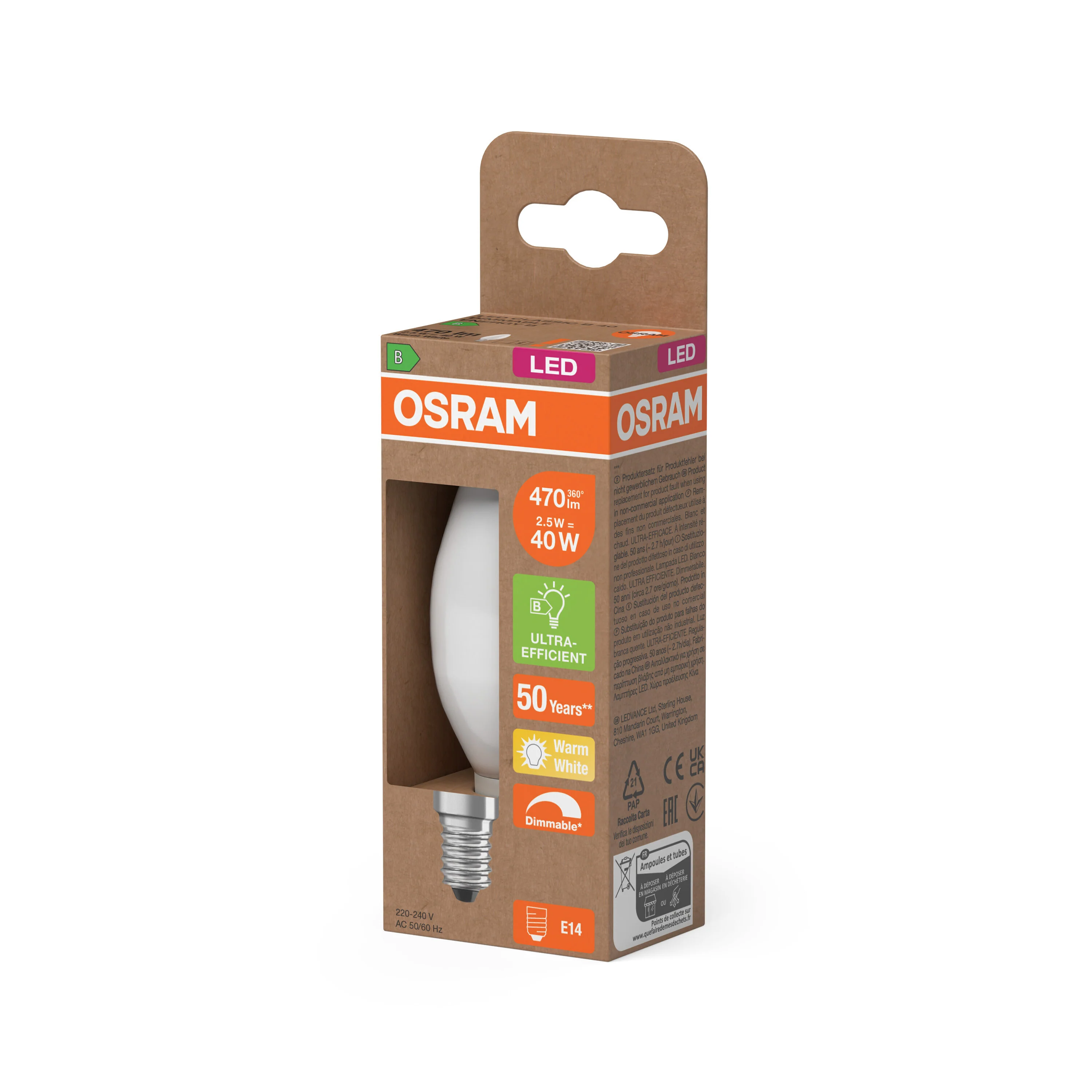 Lampa LED OSRAM LED Classic B 40 Filament DIM Energy efficiency class B 2.5W 827 Frosted E14 - Image 5