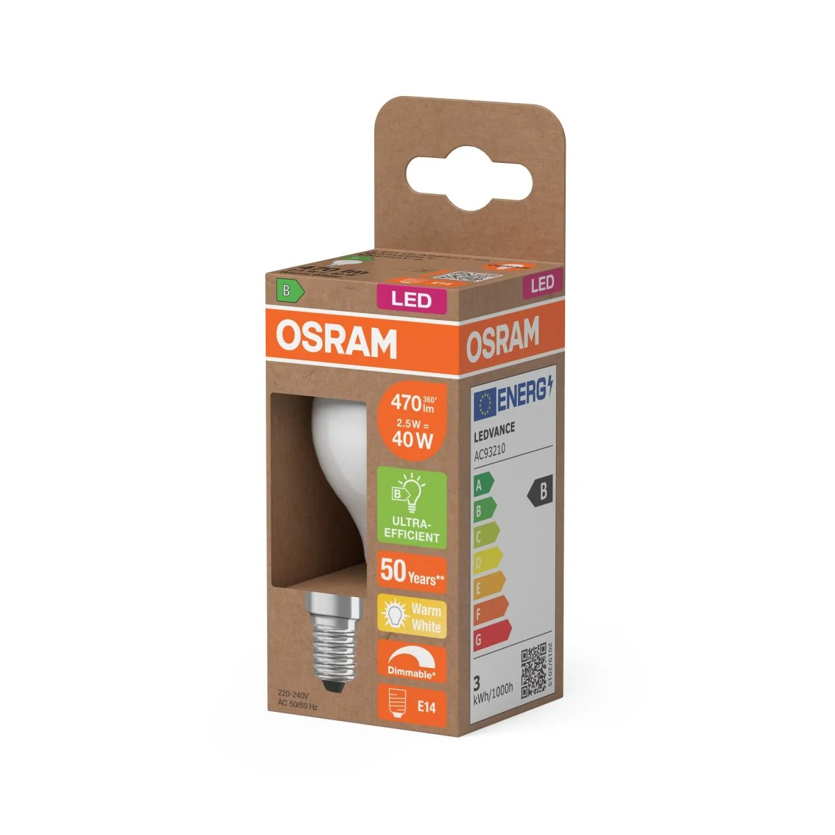 Lampa LED OSRAM LED Classic P 40 DIM Energy efficiency class B 2.5W 827 Frosted E14 - Image 2