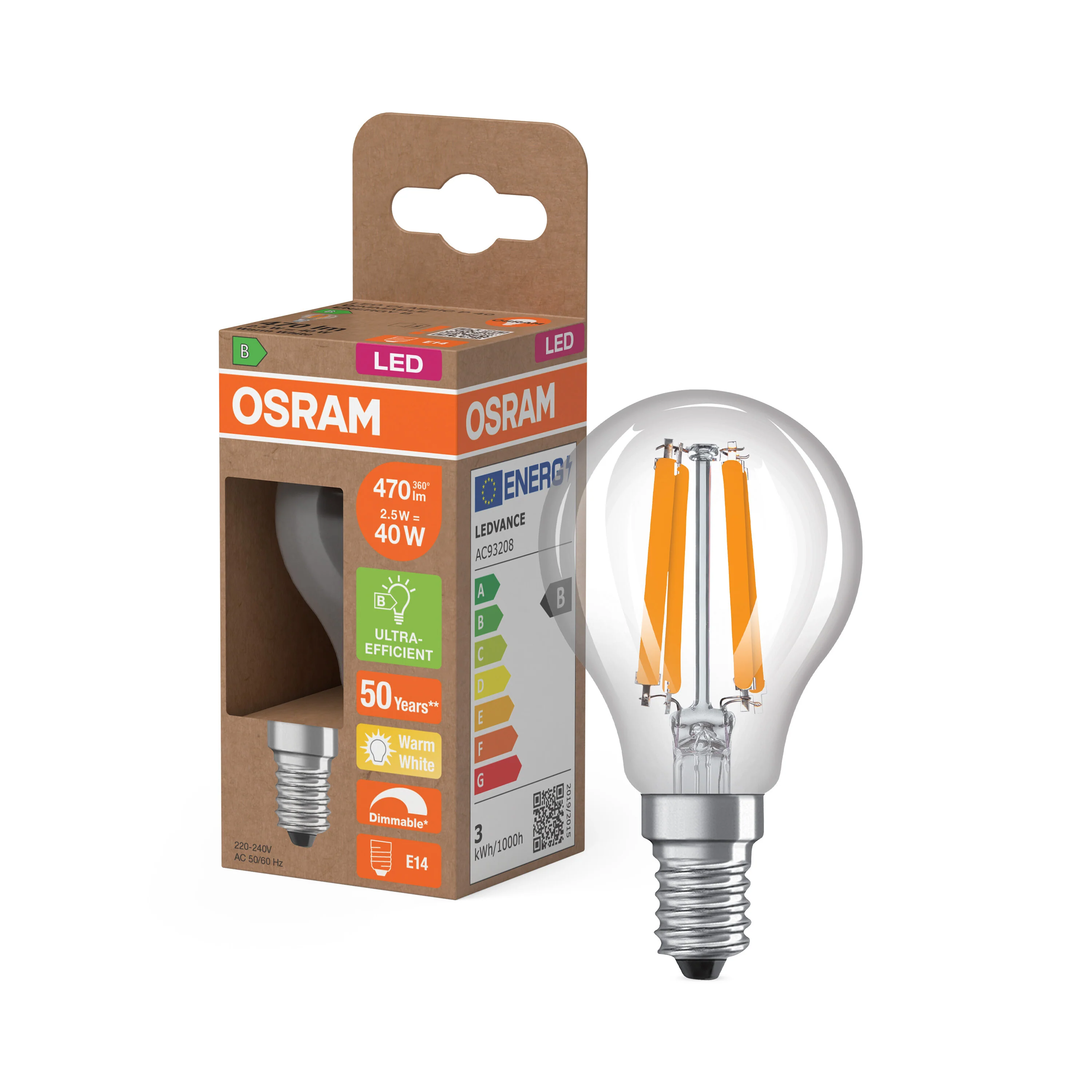 Lampa LED OSRAM LED Classic P 40 Filament DIM Energy efficiency class B 2.5W 827 Clear E14 - Image 4