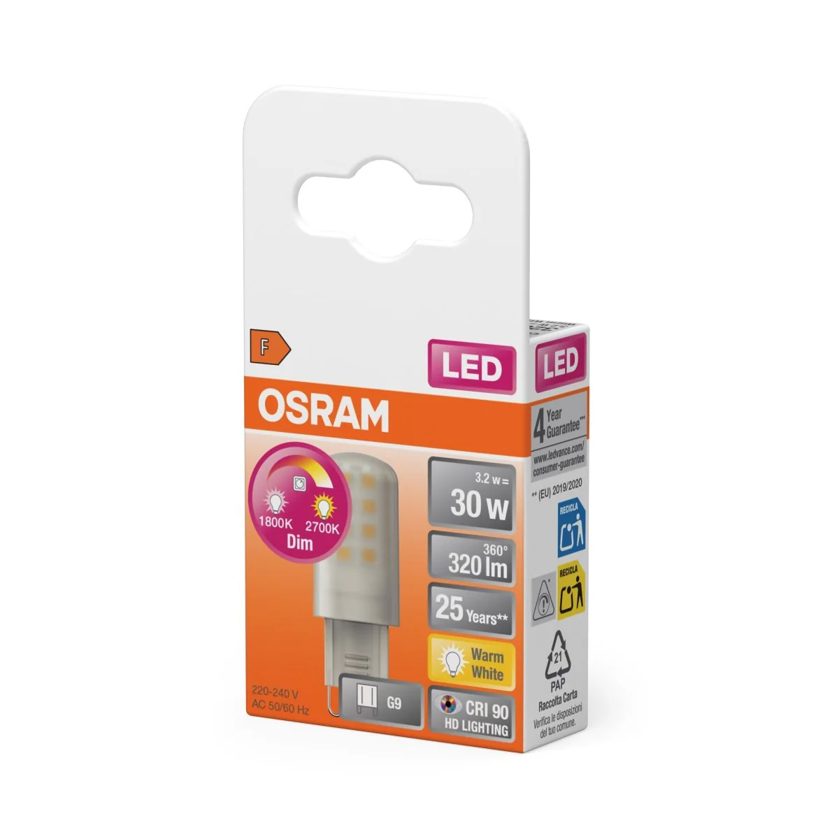 Lampa LED OSRAM LED PIN 30 Glow DIM  3.2W 927 Frosted G9 - Image 2