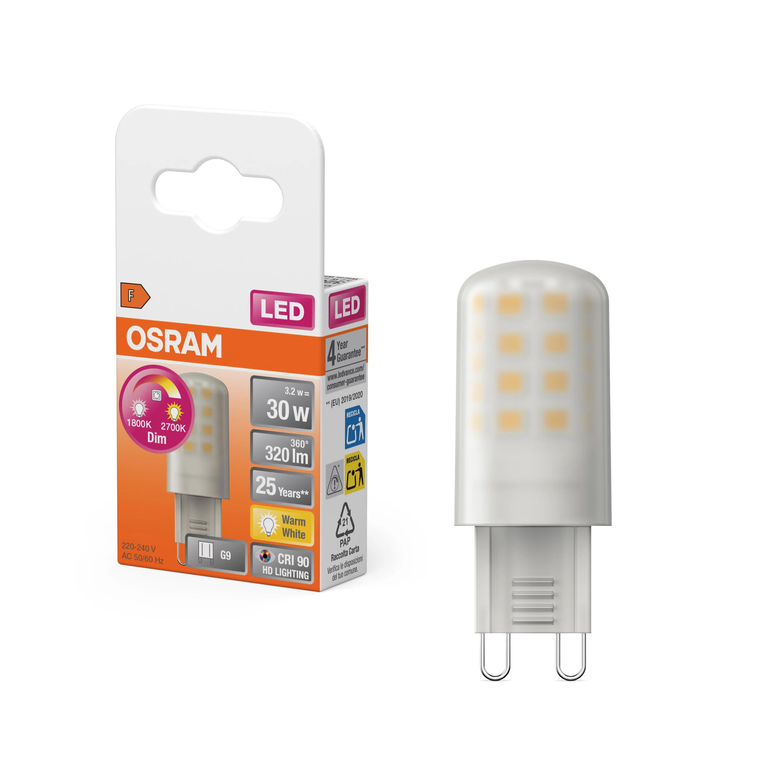 Lampa LED OSRAM LED PIN 30 Glow DIM  3.2W 927 Frosted G9 - Image 5
