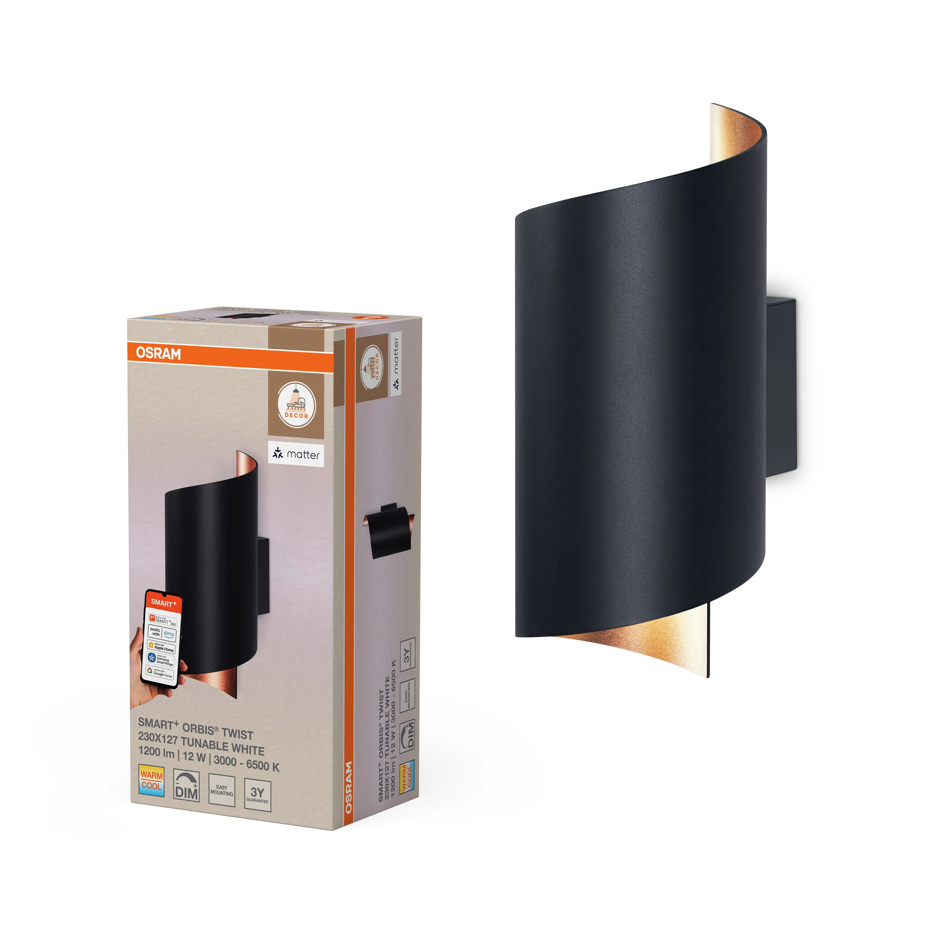 Lampa LED OSRAM SMART+ MATTER Wall Twist czarny 230x127mm Tunable biały - Image 5