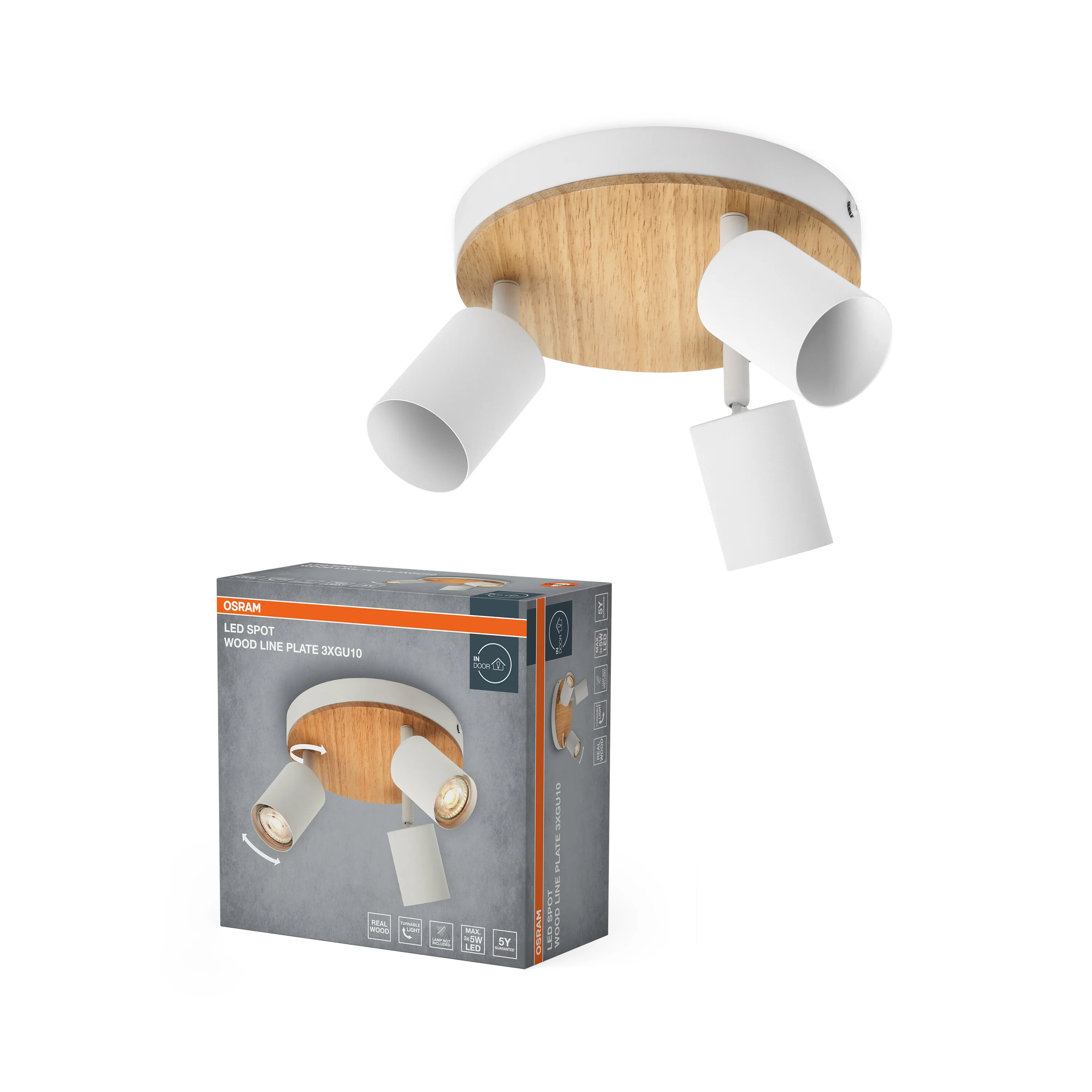 Lampa punktowa LED OSRAM LED Spot Wood Line Plate 3xGU10 biały and Wood Decor - Image 5