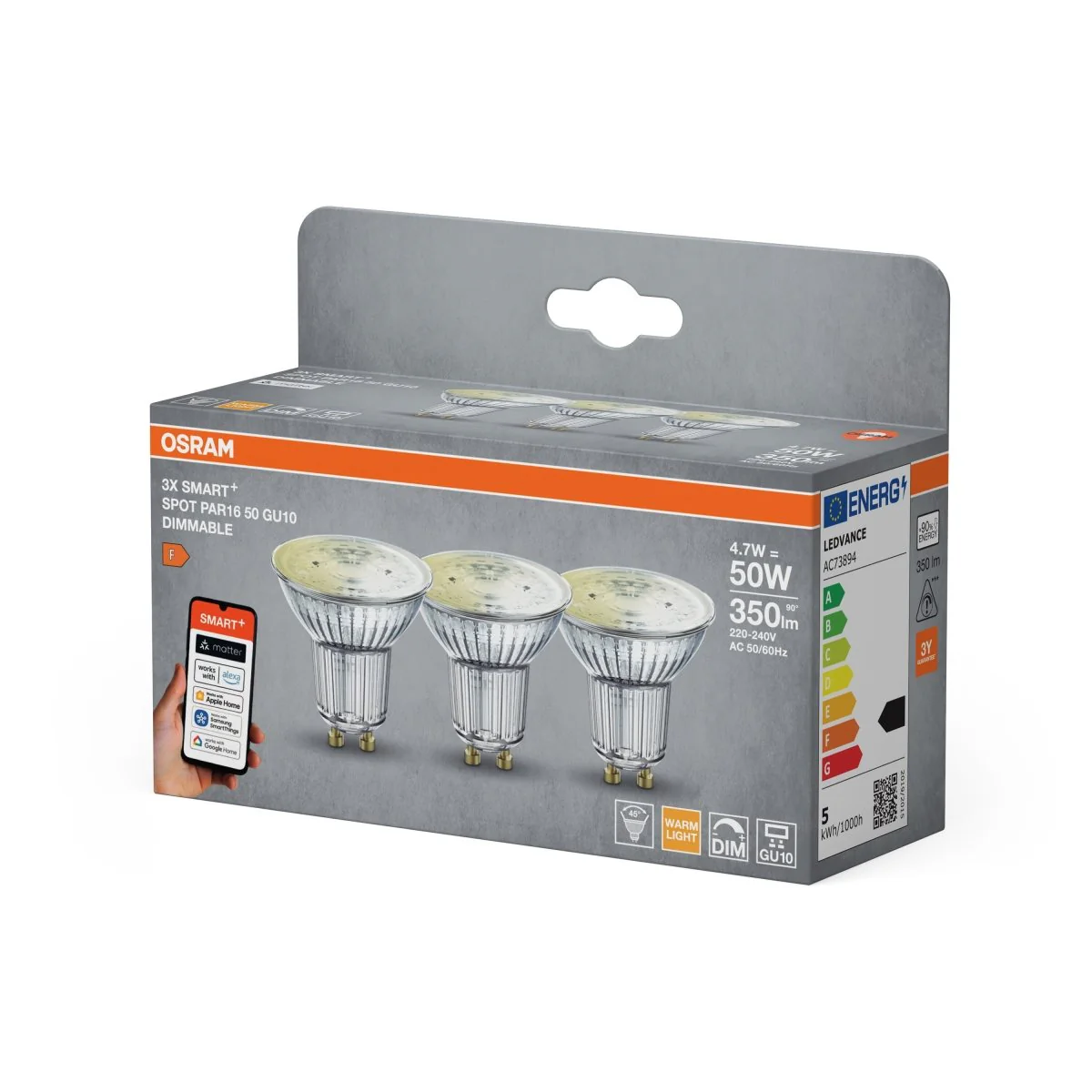 Lampa punktowa LED OSRAM SMART+ MATTER Dimmable Spot PAR16 50 45° 4.7W GU10 Triple Pack - Image 2