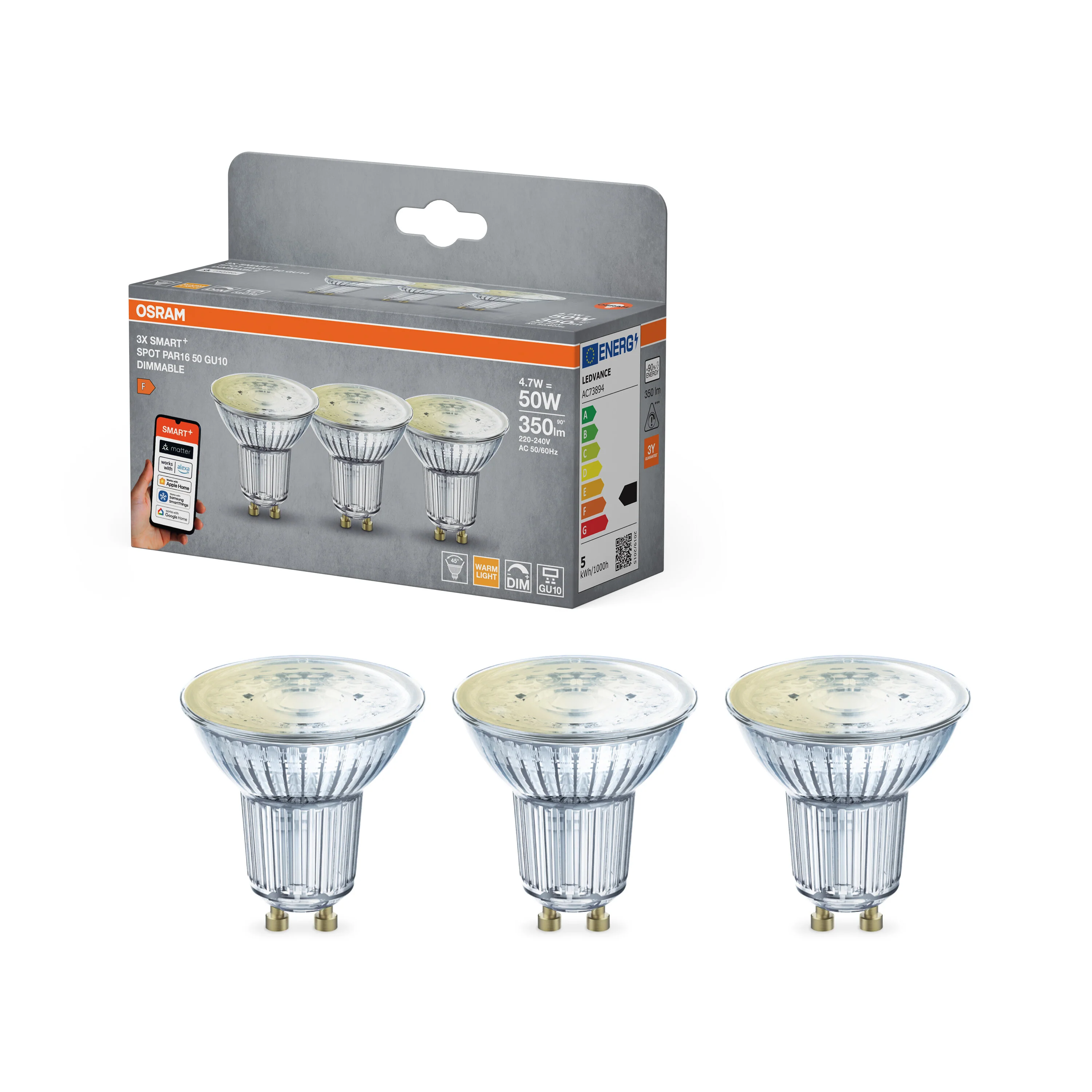 Lampa punktowa LED OSRAM SMART+ MATTER Dimmable Spot PAR16 50 45° 4.7W GU10 Triple Pack - Image 4