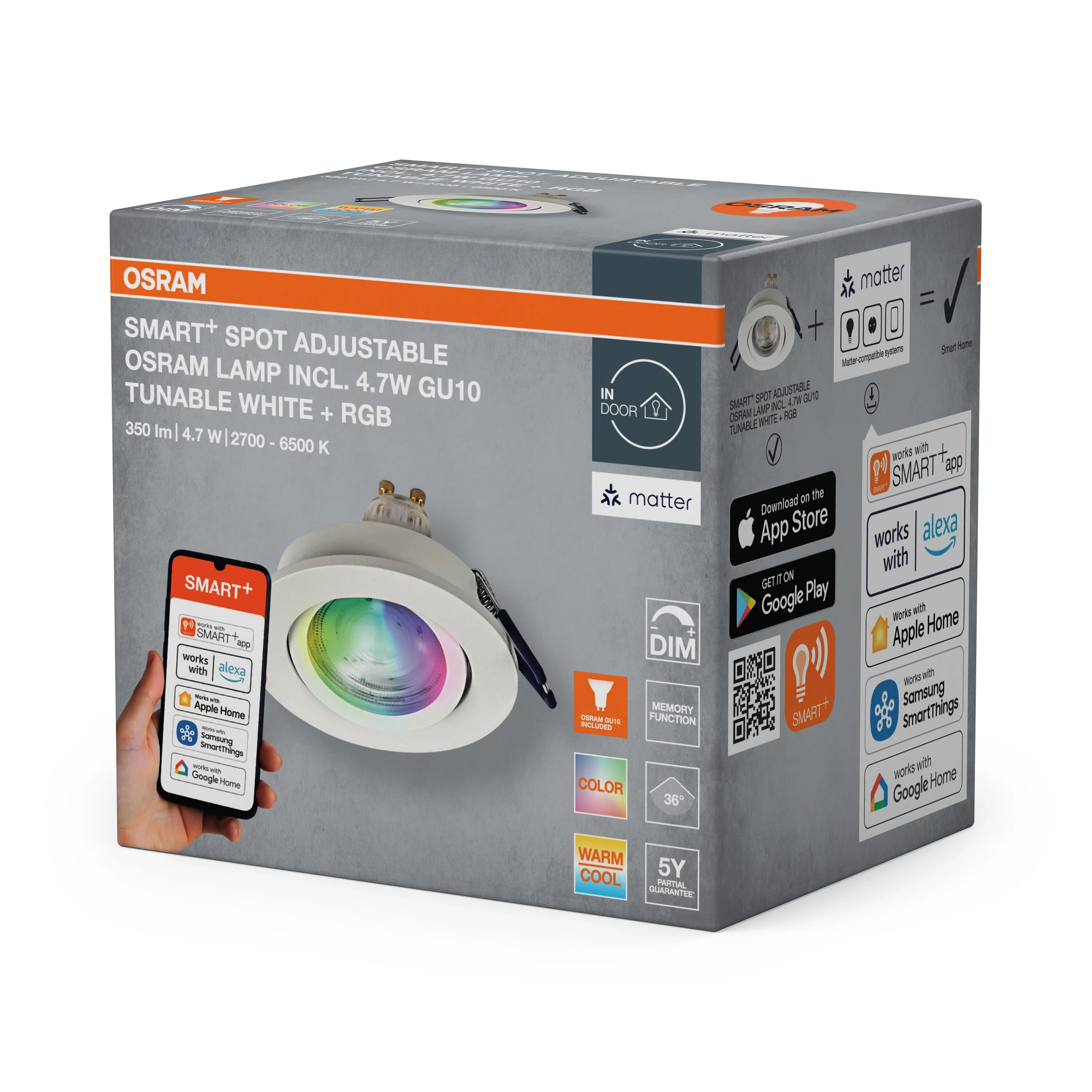 Lampa punktowa LED OSRAM SMART+ MATTER LED Spot Recess GU10 Adjustable 4.7W RGBW biały - Image 6