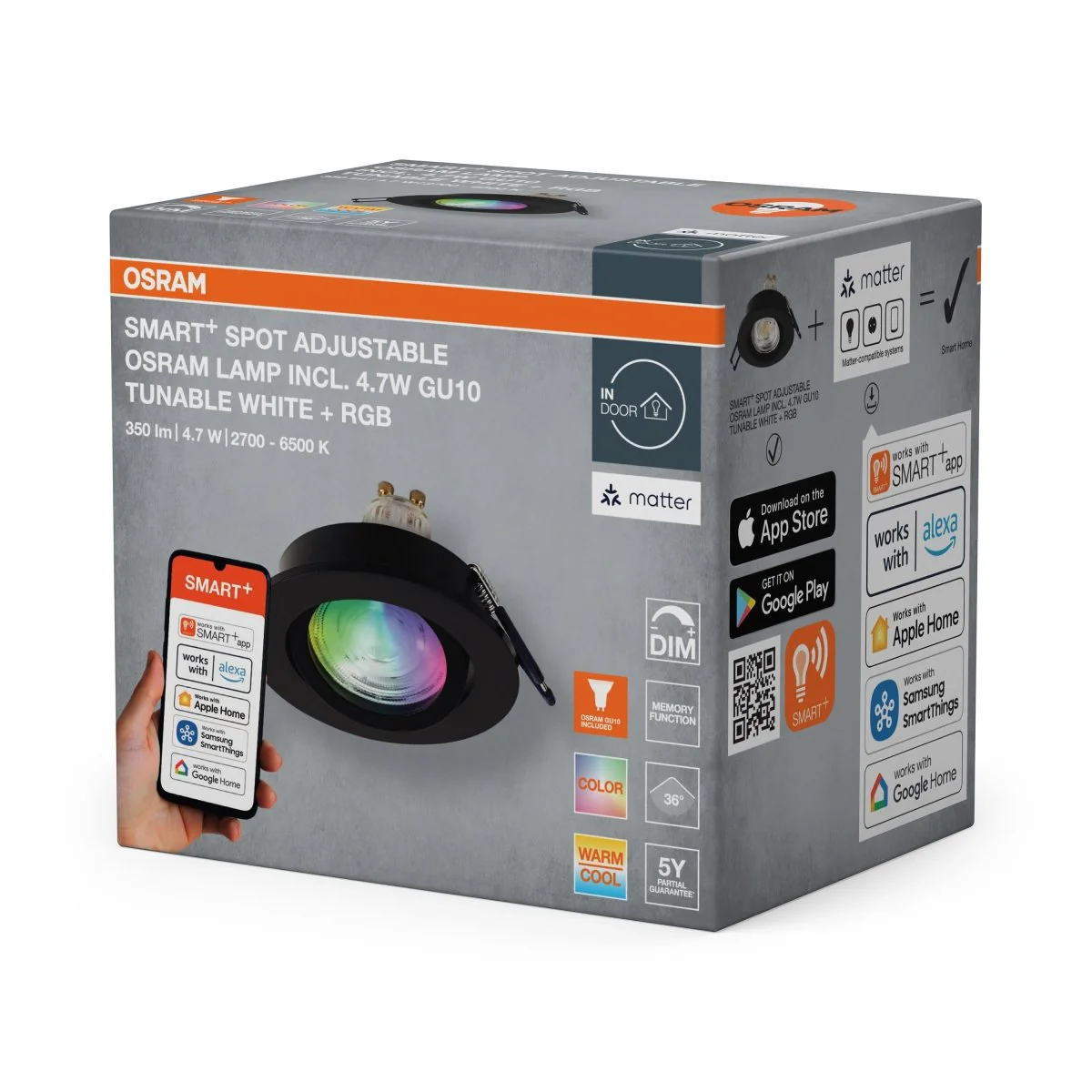 Lampa punktowa LED OSRAM SMART+ MATTER LED Spot Recess GU10 Adjustable 4.7W RGBW czarny - Image 2