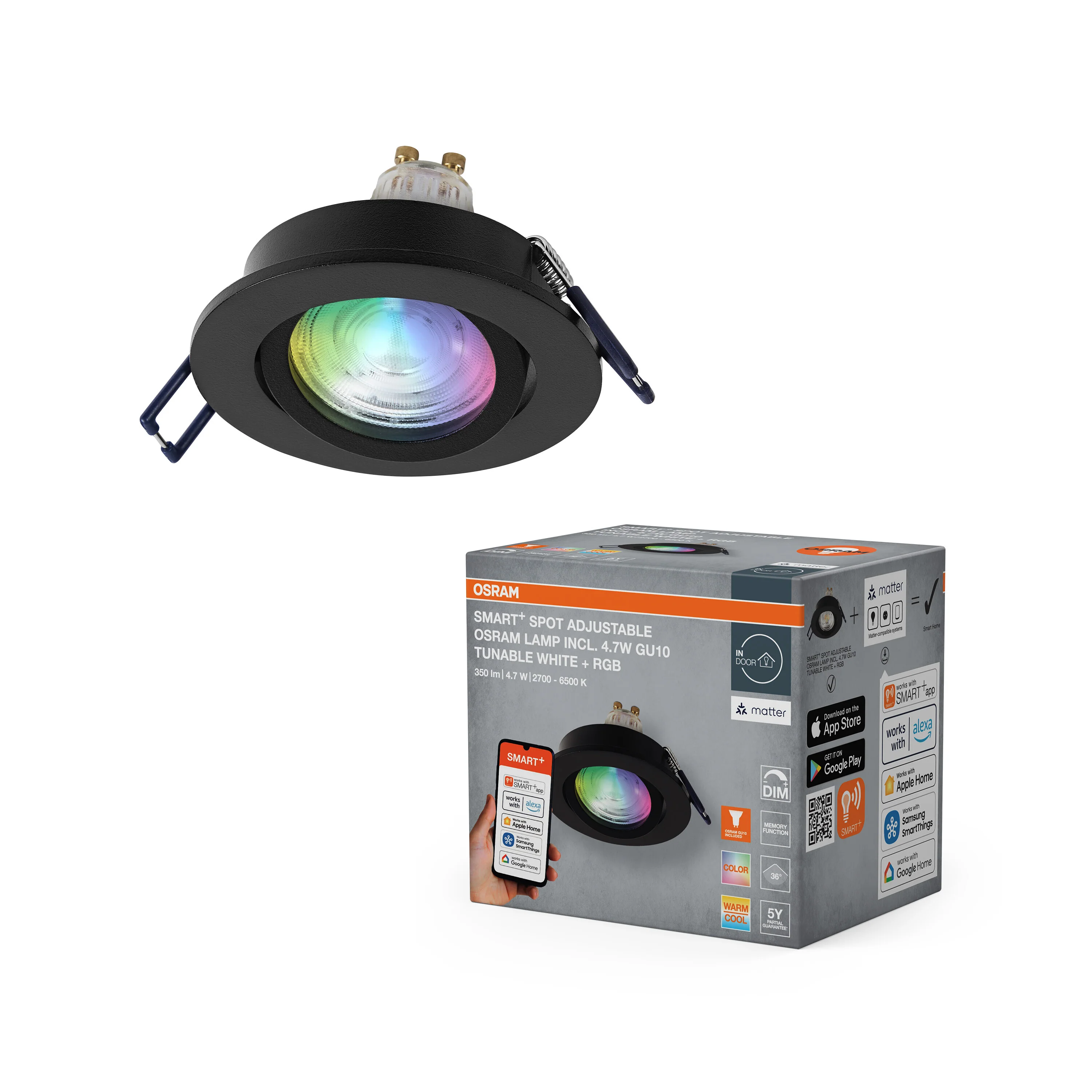 Lampa punktowa LED OSRAM SMART+ MATTER LED Spot Recess GU10 Adjustable 4.7W RGBW czarny - Image 5