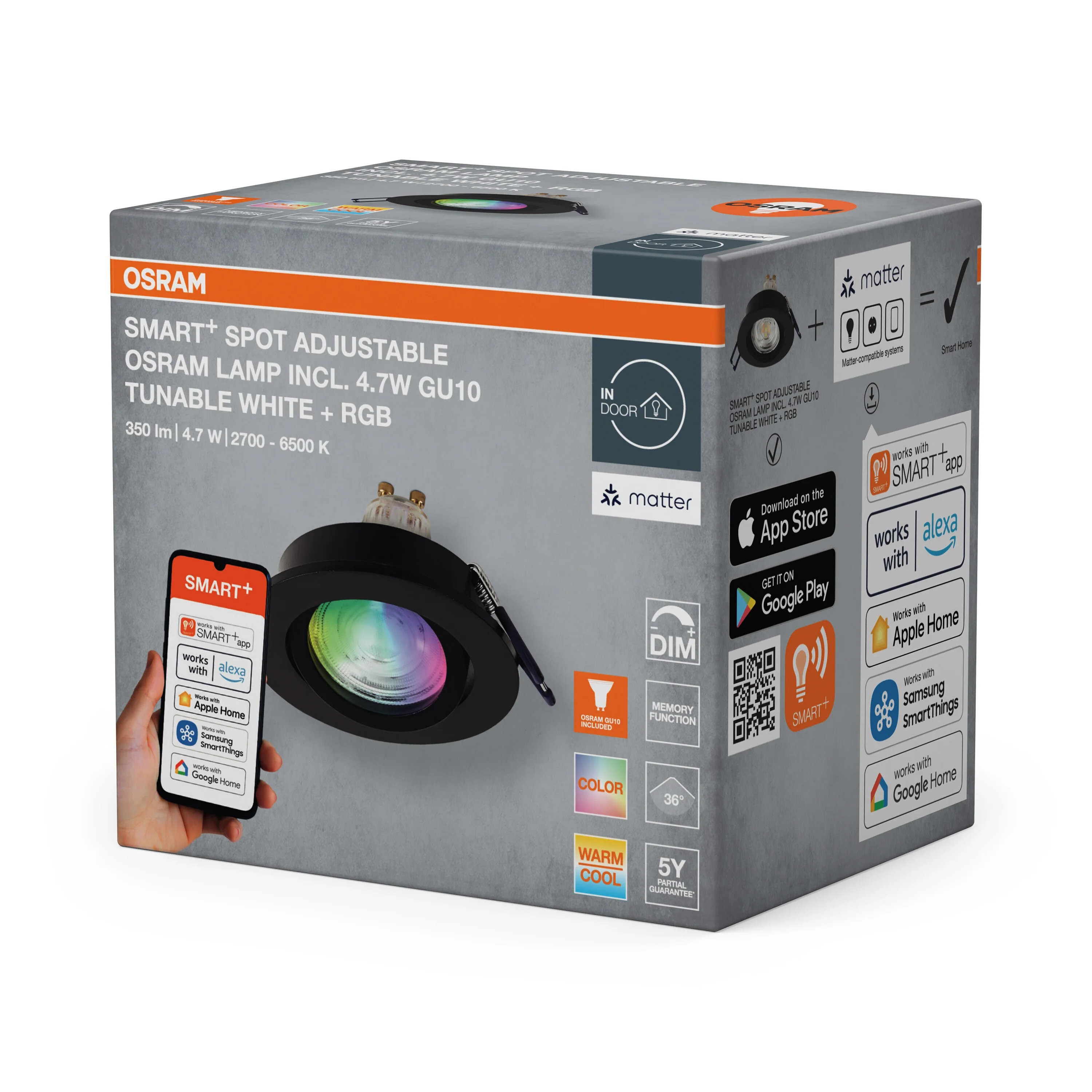 Lampa punktowa LED OSRAM SMART+ MATTER LED Spot Recess GU10 Adjustable 4.7W RGBW czarny - Image 6