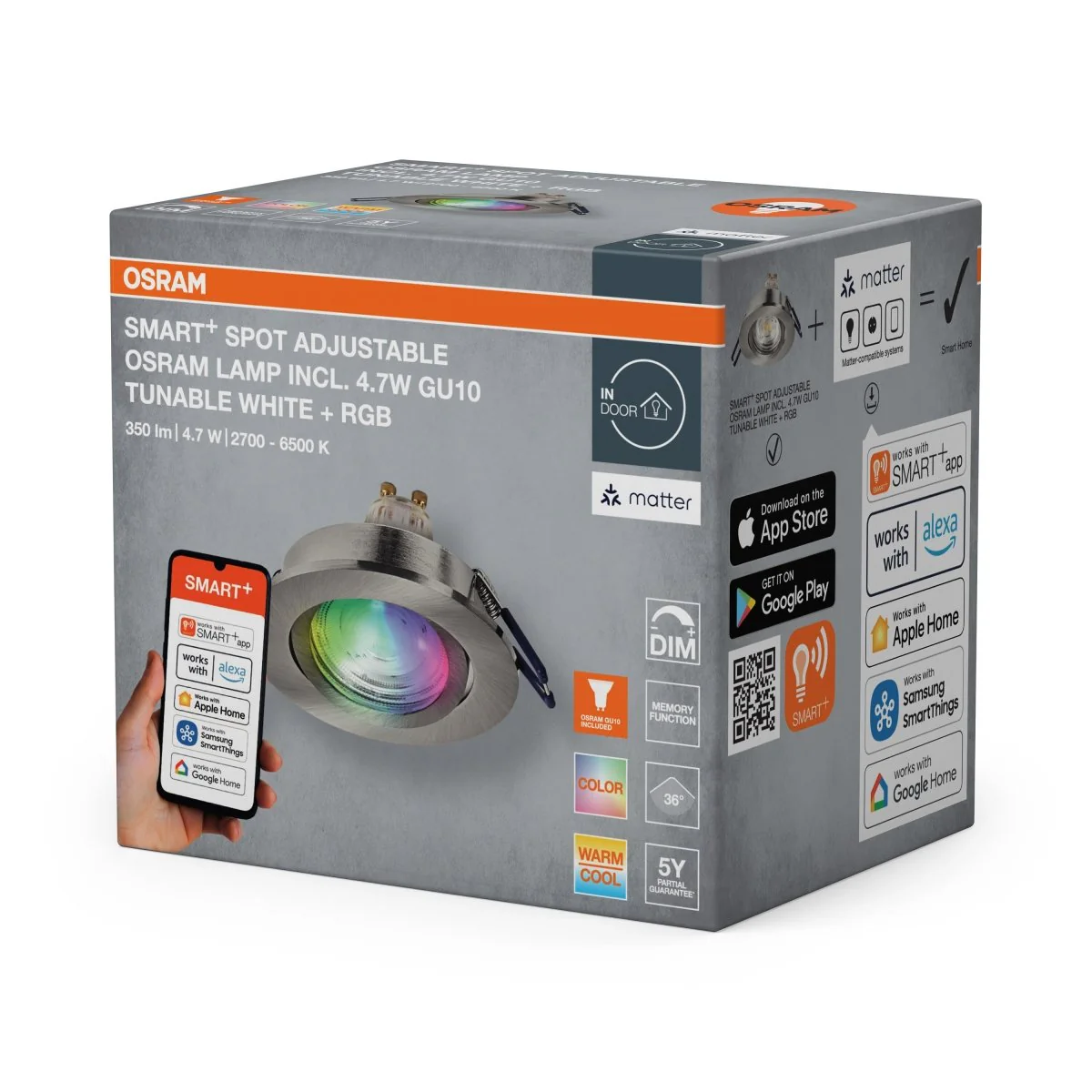 Lampa punktowa LED OSRAM SMART+ MATTER LED Spot Recess GU10 Adjustable 4.7W RGBW Satin Nickel - Image 2
