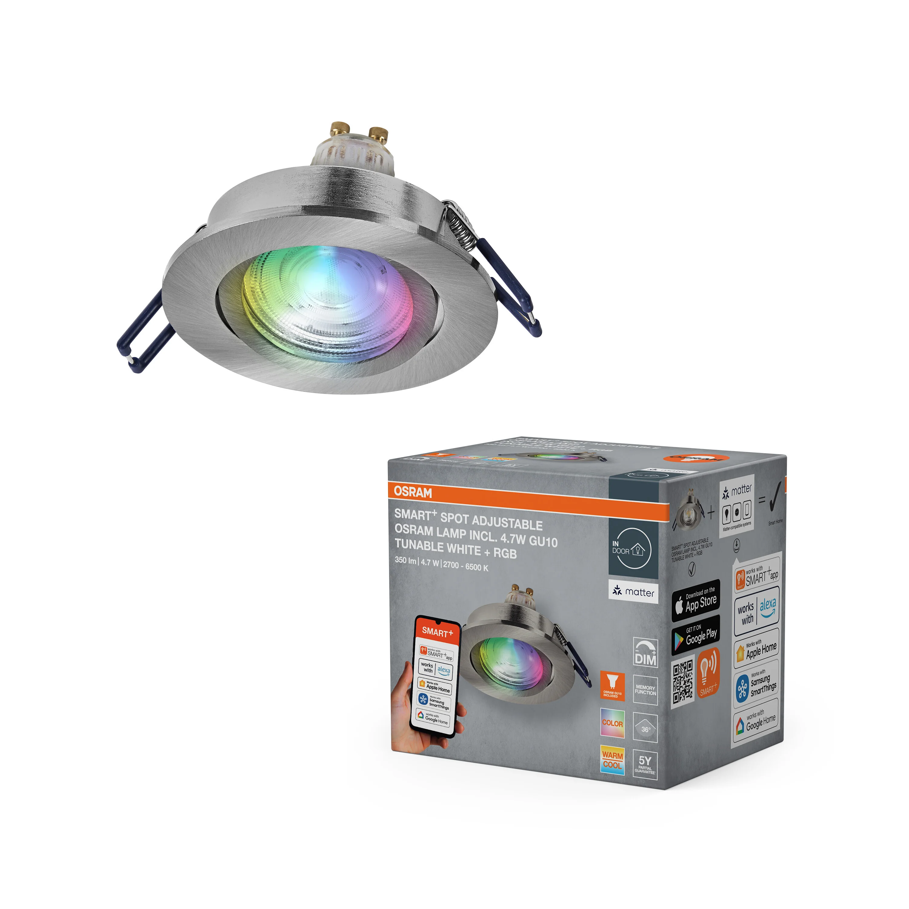 Lampa punktowa LED OSRAM SMART+ MATTER LED Spot Recess GU10 Adjustable 4.7W RGBW Satin Nickel - Image 5