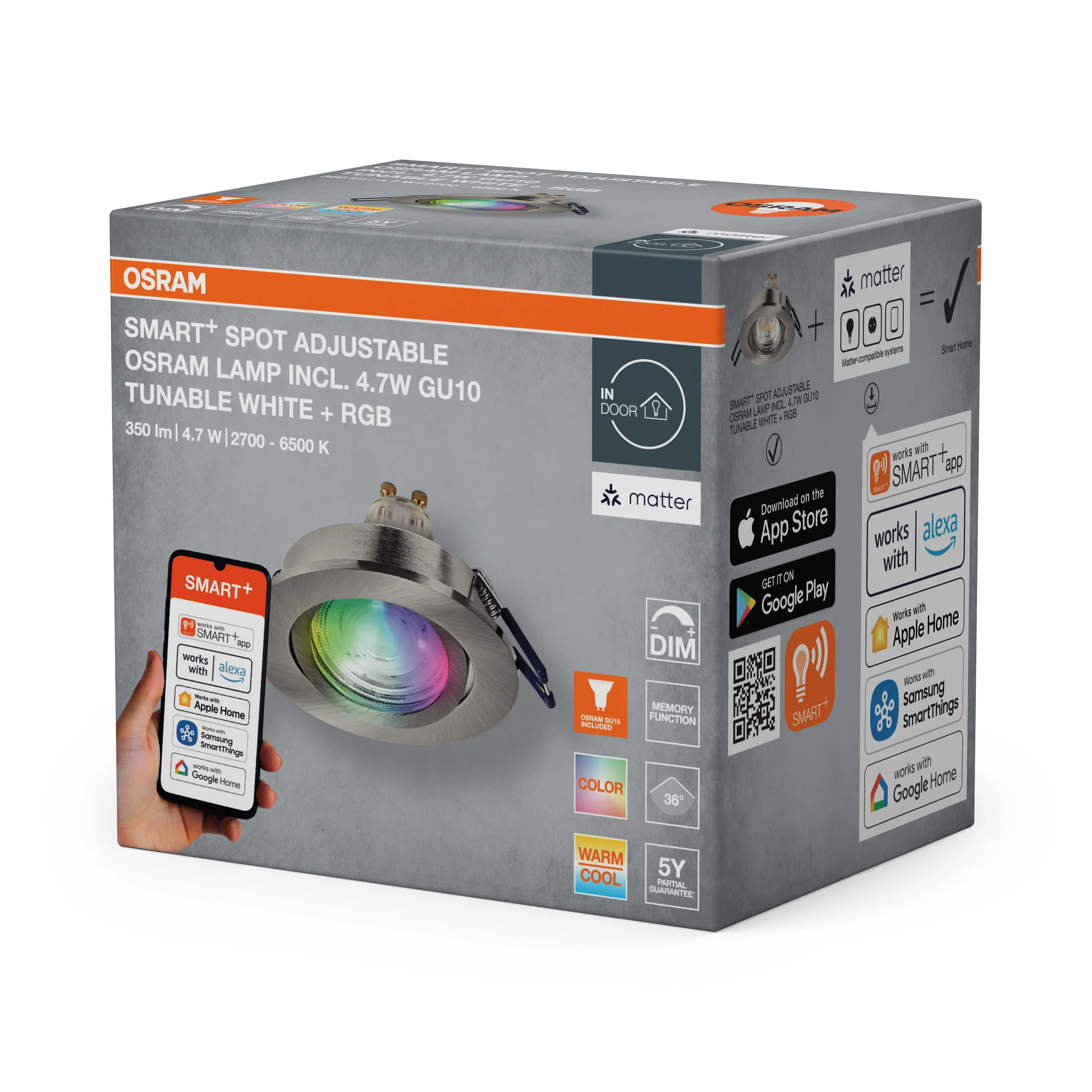 Lampa punktowa LED OSRAM SMART+ MATTER LED Spot Recess GU10 Adjustable 4.7W RGBW Satin Nickel - Image 6