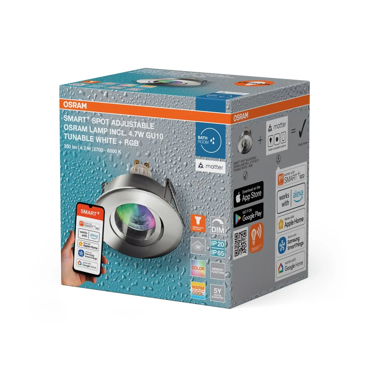 Lampa punktowa LED OSRAM SMART+ MATTER LED Spot Recess GU10 IP65 Adjustable 4.7W RGBW Chrome - Image 2