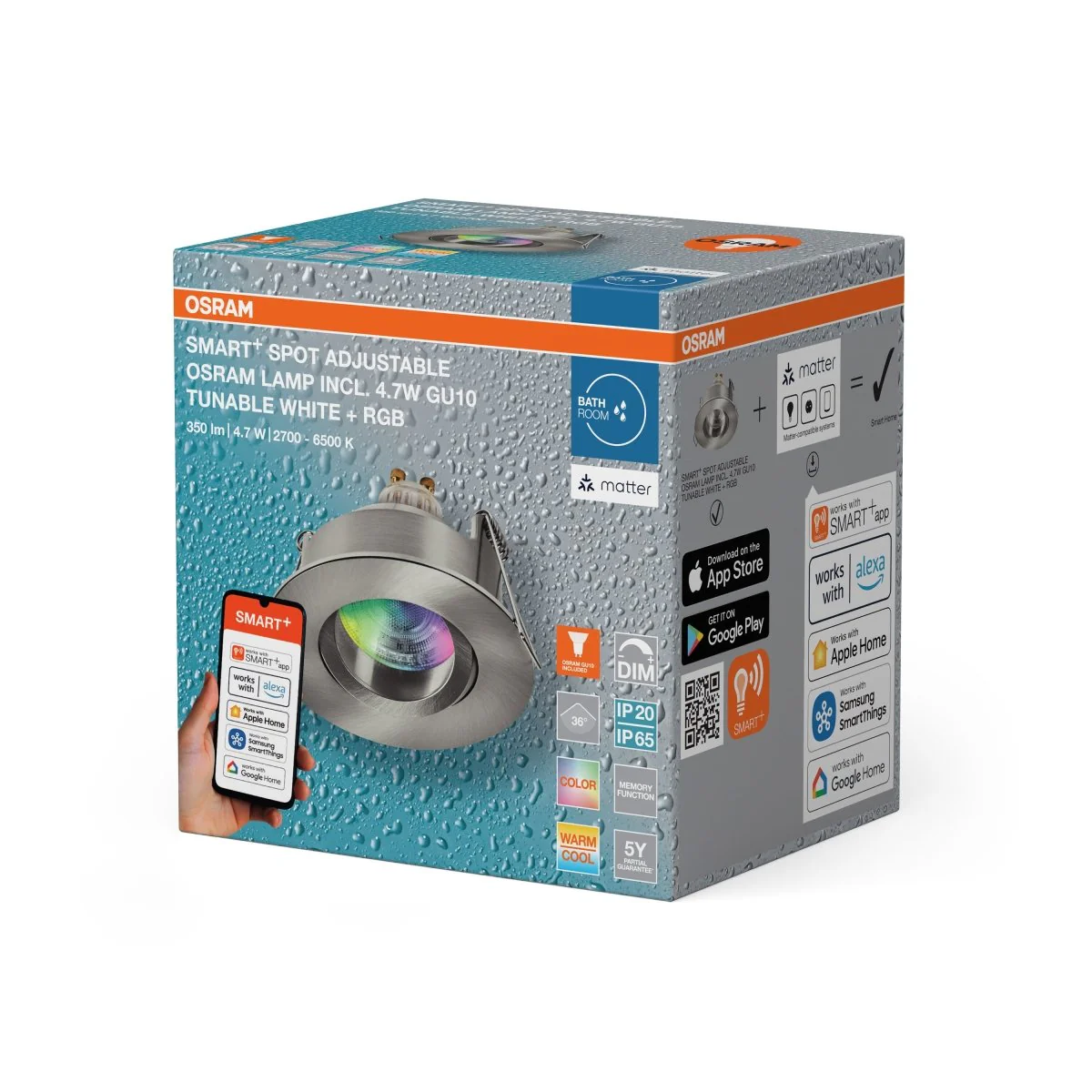 Lampa punktowa LED OSRAM SMART+ MATTER LED Spot Recess GU10 IP65 Adjustable 4.7W RGBW Satin Nickel - Image 2