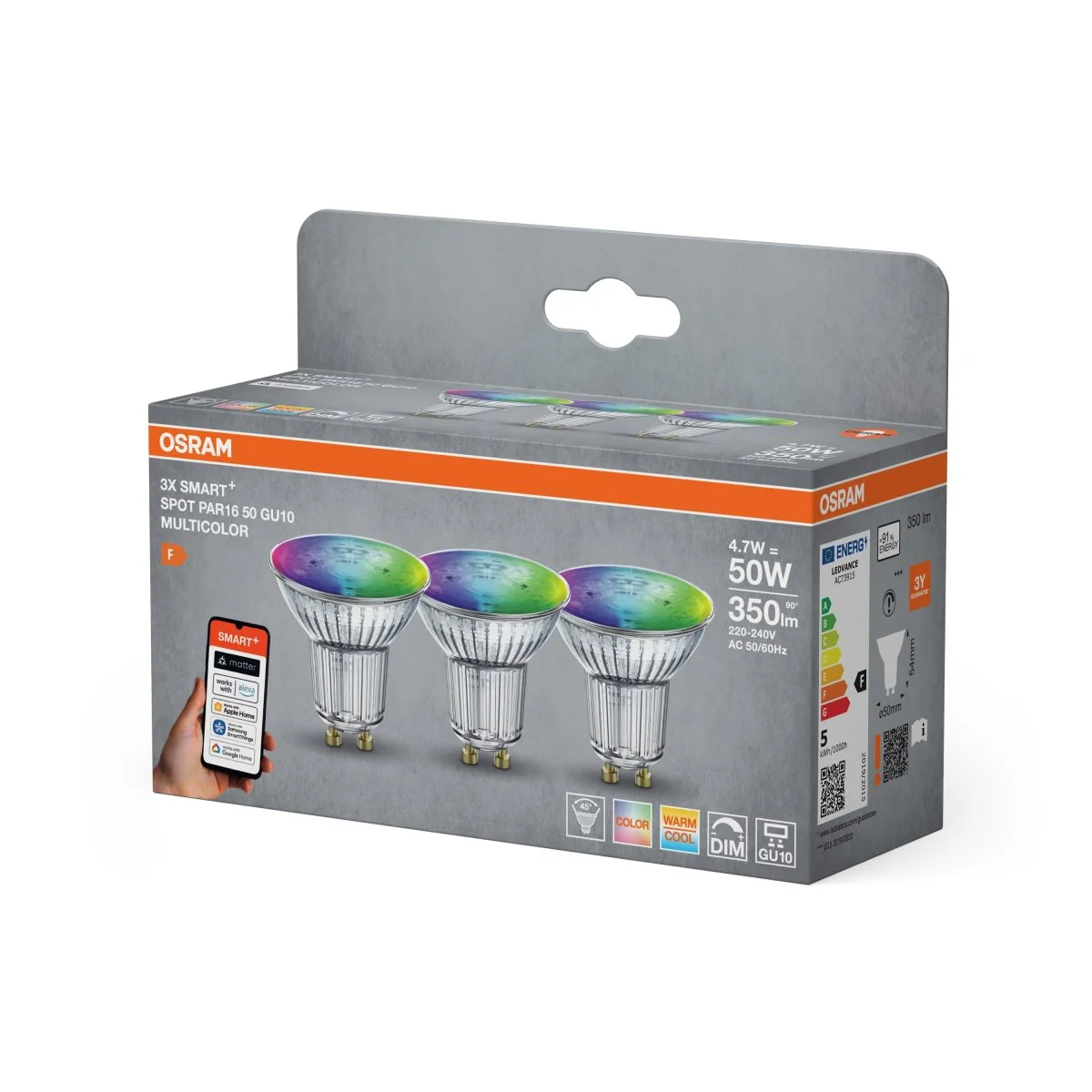 Lampa punktowa LED OSRAM SMART+ MATTER Multicolor Spot PAR16 50 45° 4.7W GU10 Triple Pack - Image 2
