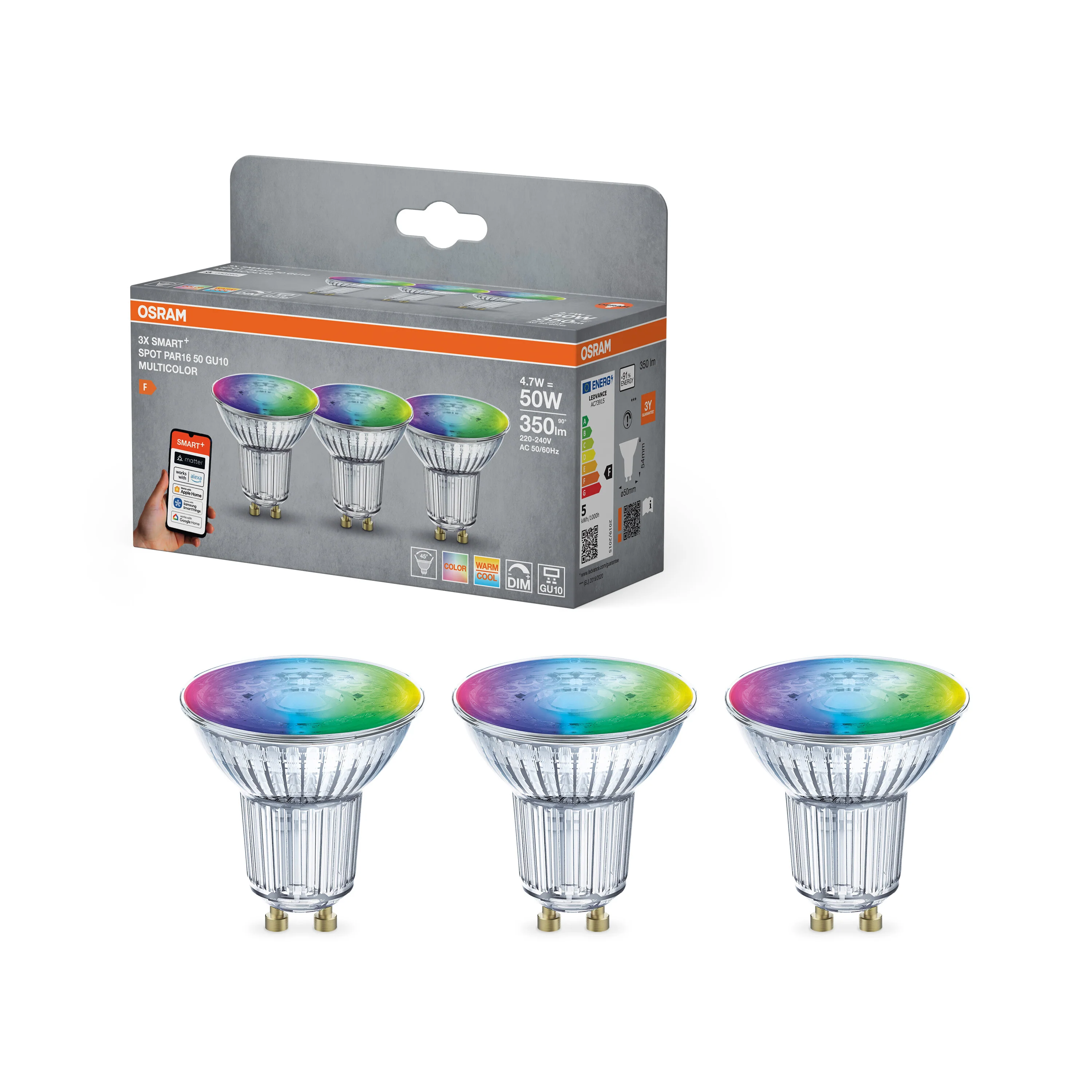 Lampa punktowa LED OSRAM SMART+ MATTER Multicolor Spot PAR16 50 45° 4.7W GU10 Triple Pack - Image 4
