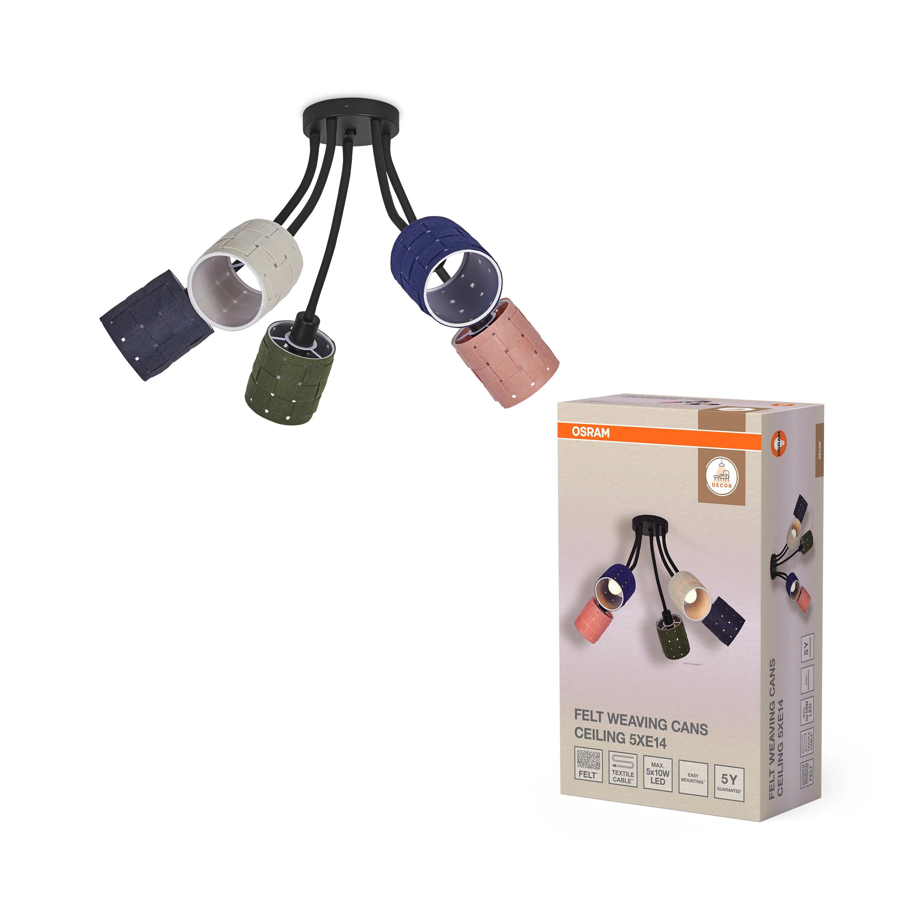 OSRAM Decor Felt Weaving Cans Plafon 5xE14 multikolor - Image 5