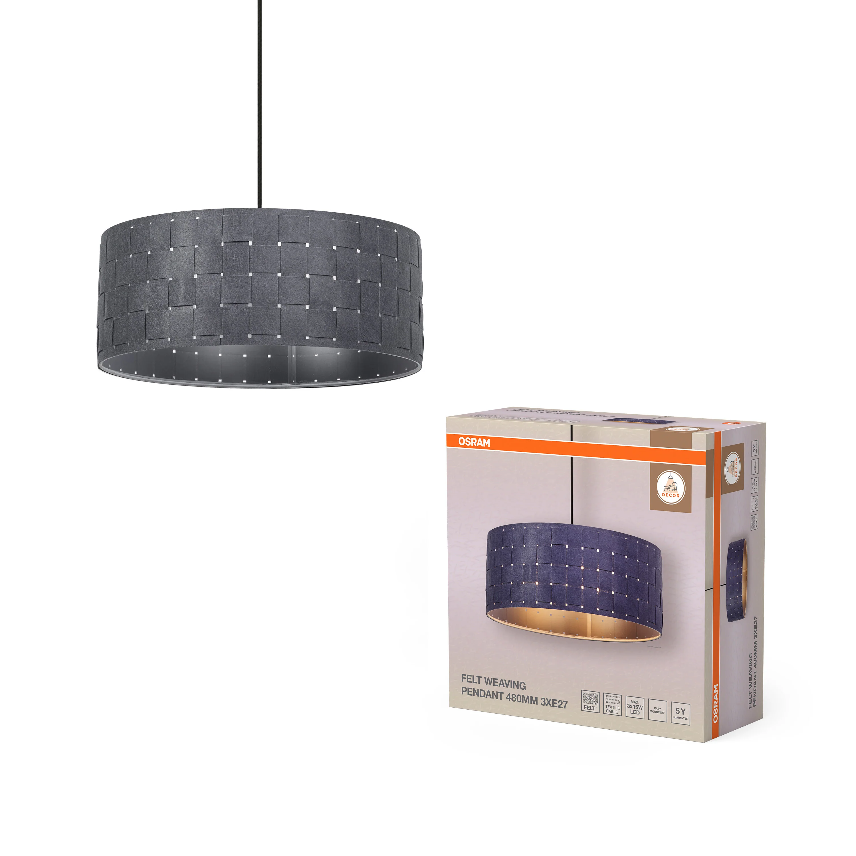 OSRAM Decor Felt Weaving Wisząca 480mm 3x E27 ciemnoszary - Image 5