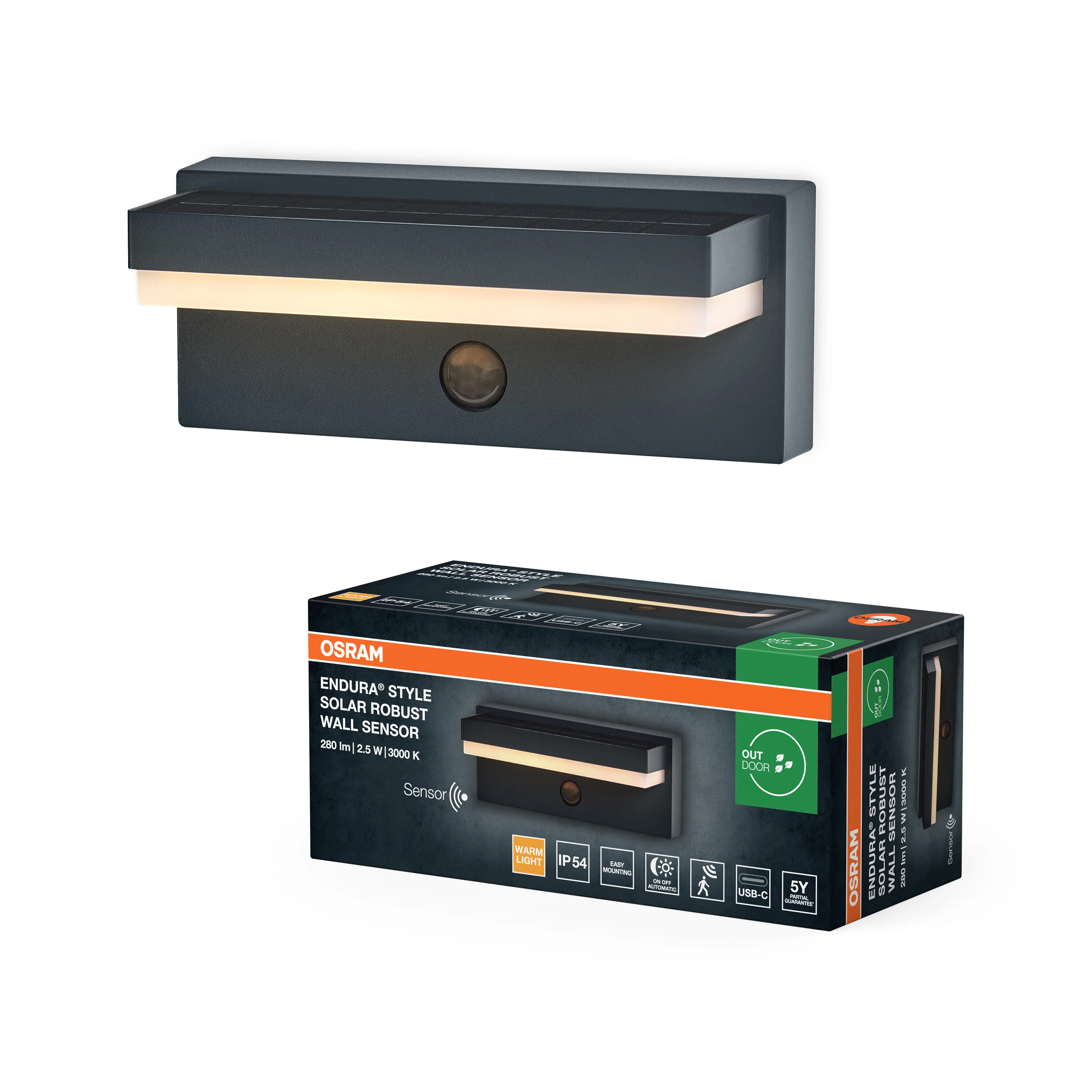 OSRAM ENDURA STYLE SOLAR+USB ROBUST SENSORWall IP54 USB Grey - Image 5