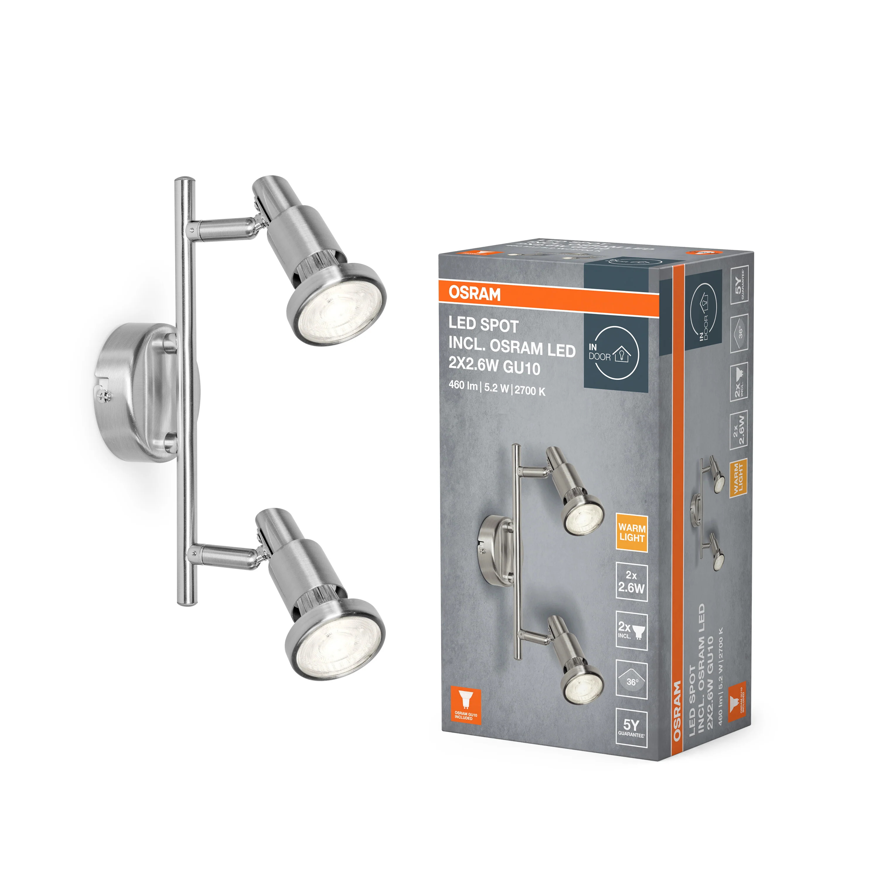 OSRAM LED SPOT BRUSHED SILVER GU10 2 x 2.6W 2700K - Image 4