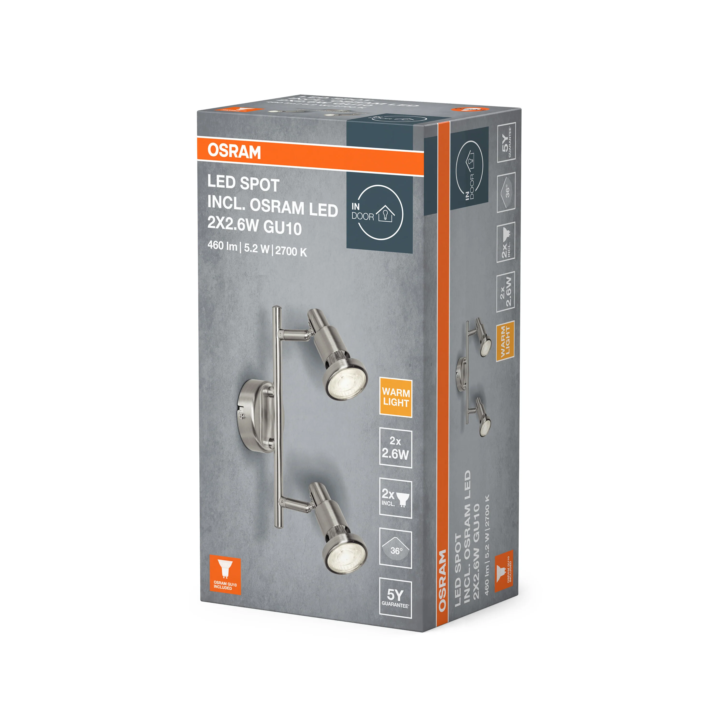 OSRAM LED SPOT BRUSHED SILVER GU10 2 x 2.6W 2700K - Image 5