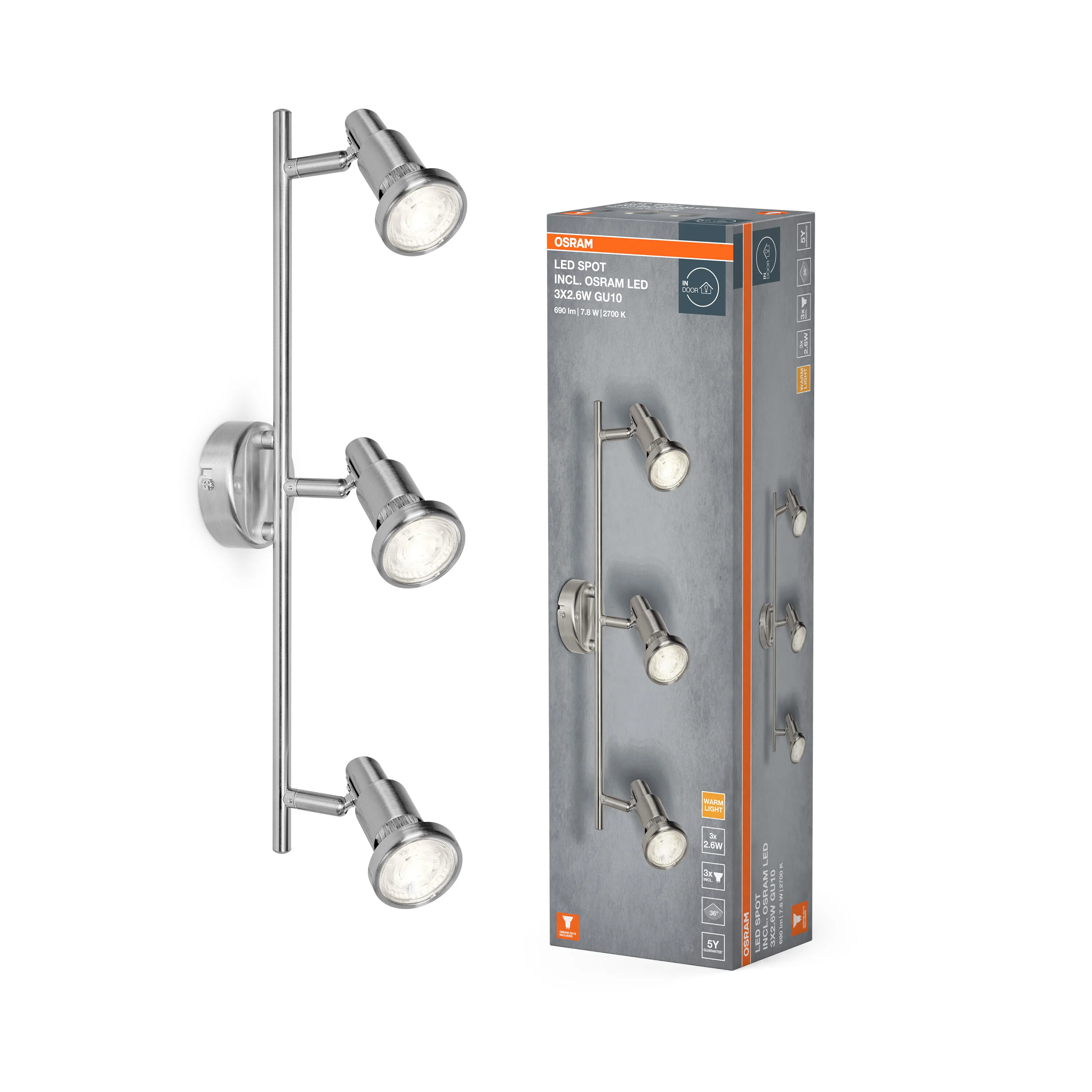 OSRAM LED SPOT BRUSHED SILVER GU10 3 x 2.6W 2700K - Image 4