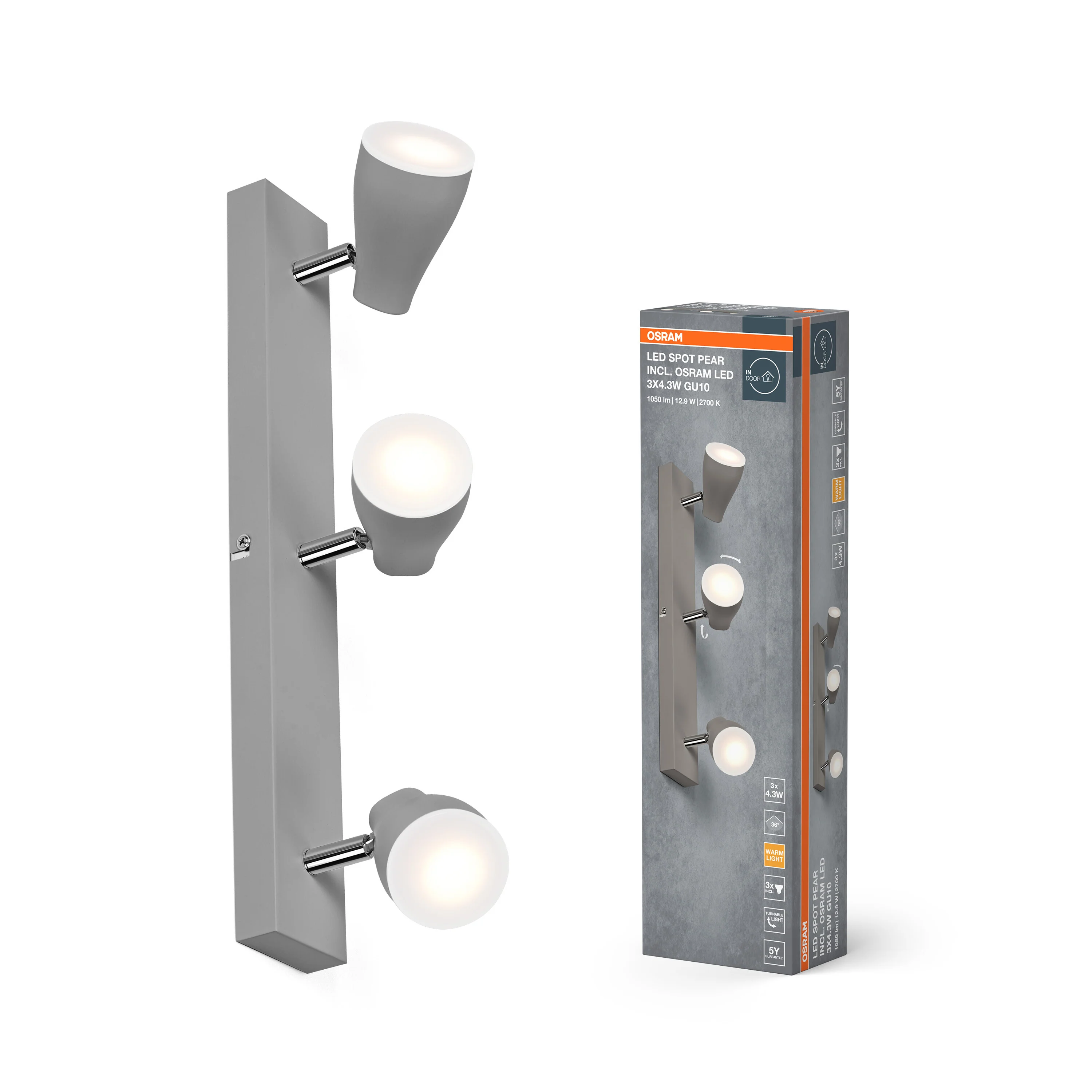OSRAM LED SPOT PEAR szary 3x4.3W 2700K GU10 - Image 5