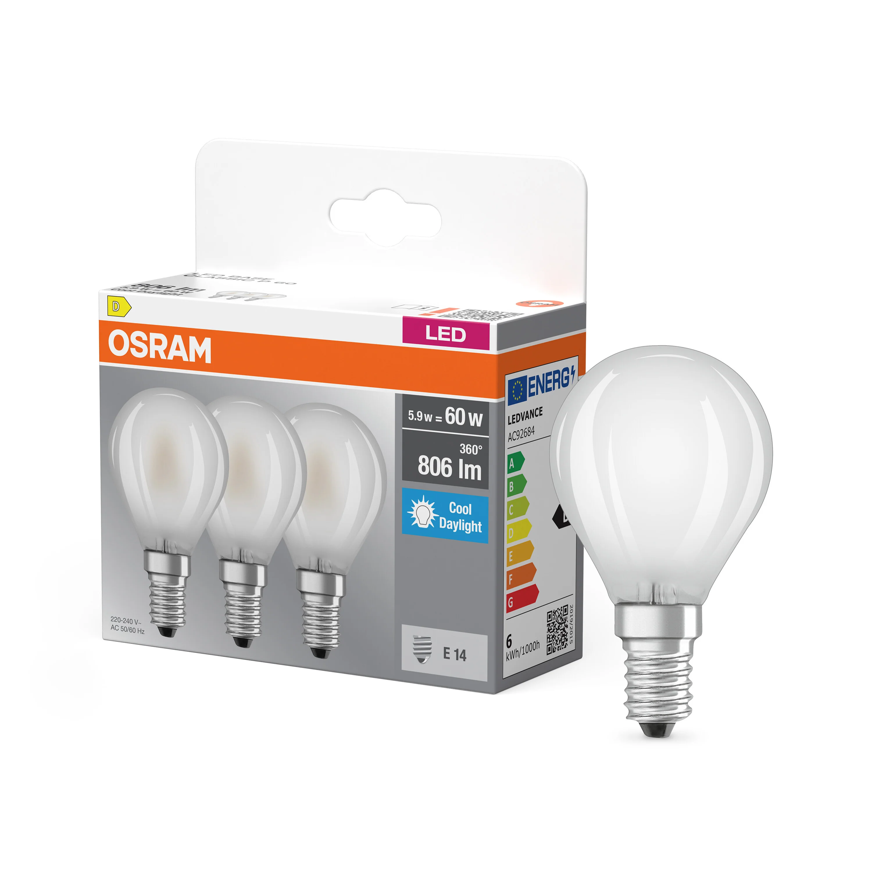 Plafon LED OSRAM LED Base Classic P 60 Filament 5.9W 865 Frosted E14 - Image 4