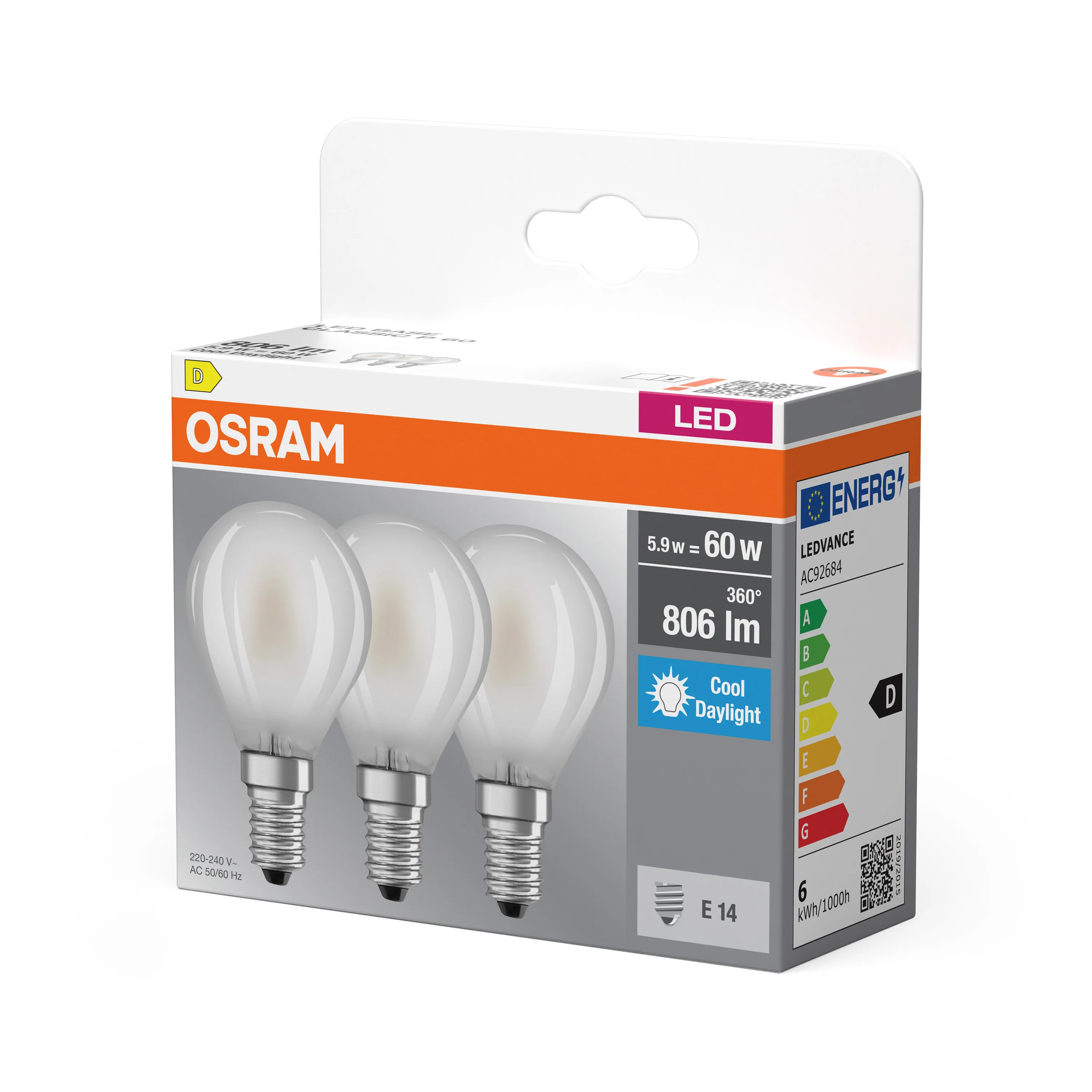 Plafon LED OSRAM LED Base Classic P 60 Filament 5.9W 865 Frosted E14 - Image 5