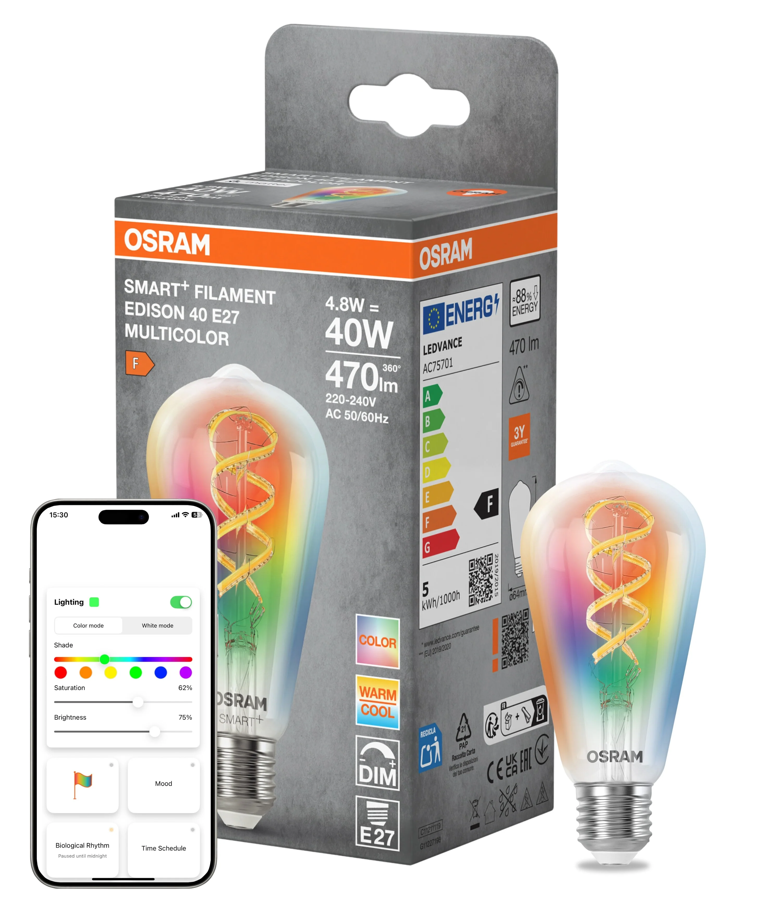 Plafon LED OSRAM SMART+ MATTER Filament Multicolor Classic Edison 40 4.8W E27 - Image 5
