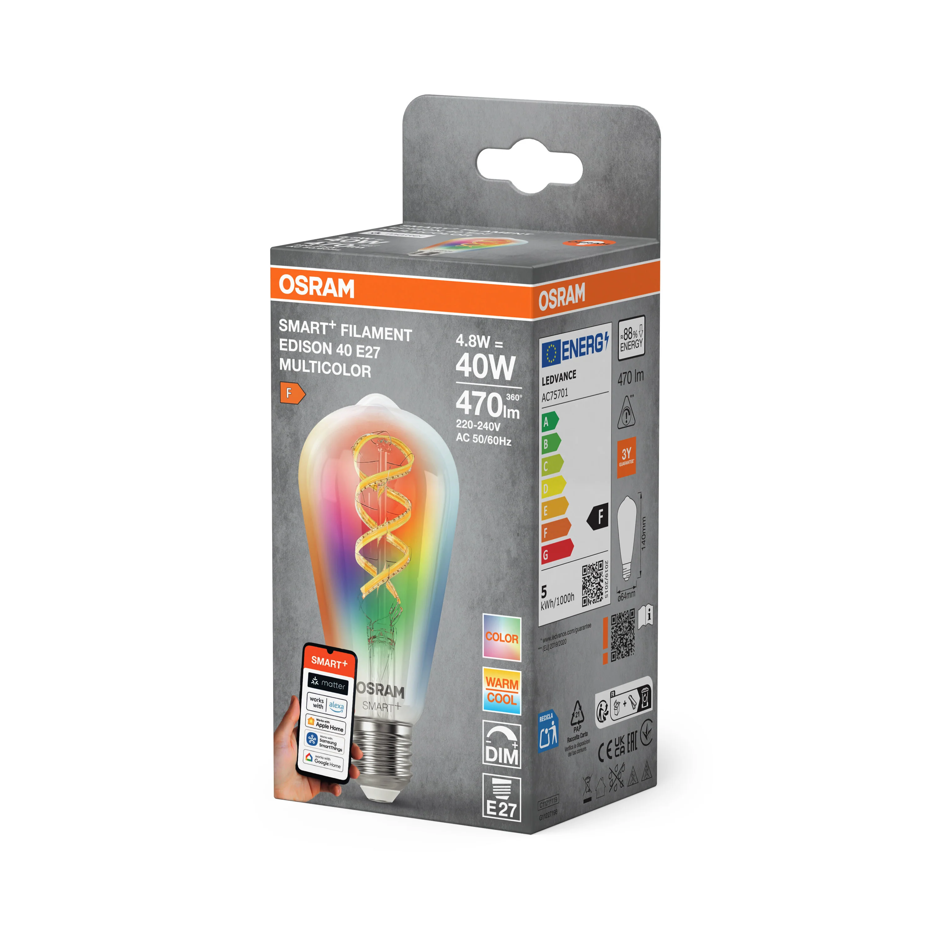 Plafon LED OSRAM SMART+ MATTER Filament Multicolor Classic Edison 40 4.8W E27 - Image 6