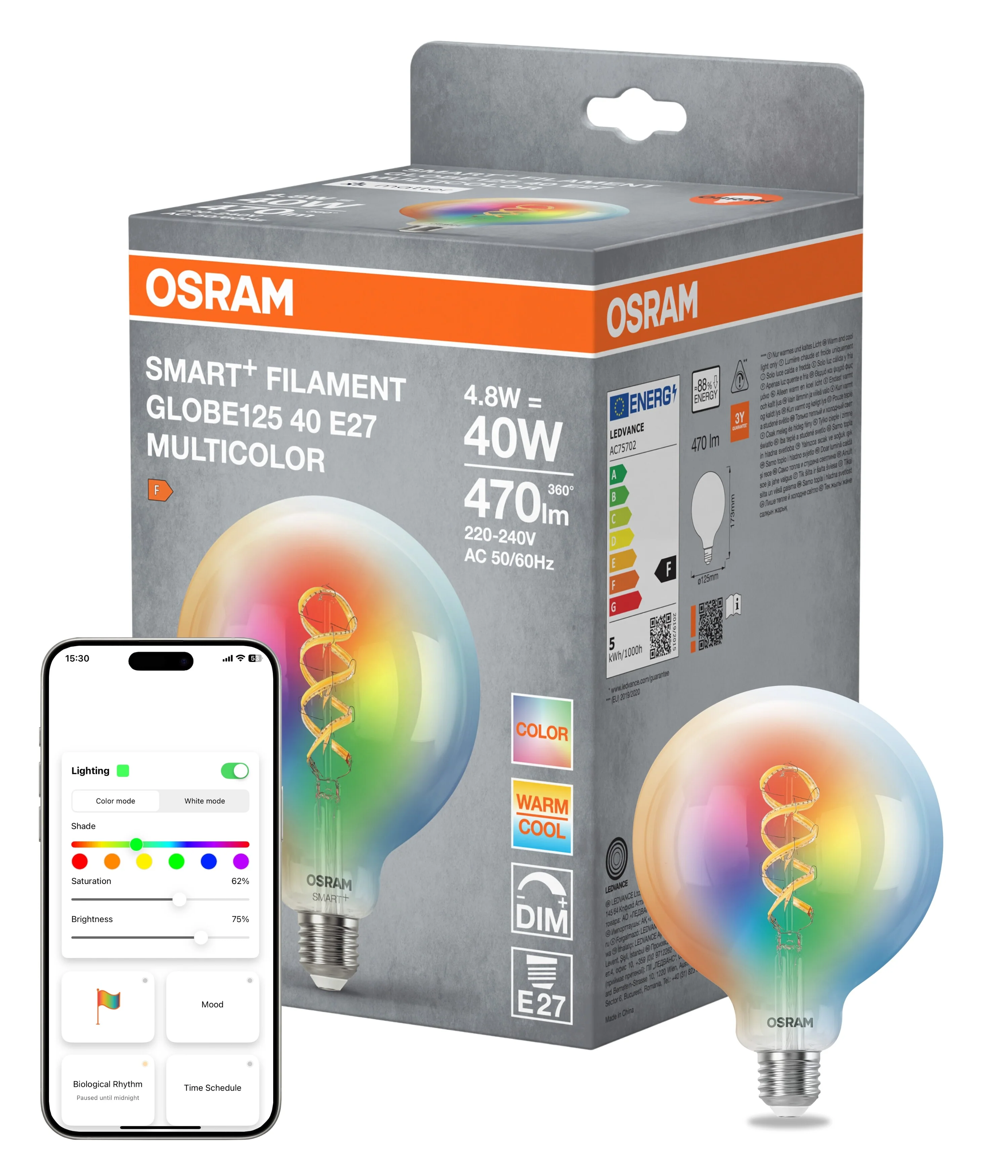 Plafon LED OSRAM SMART+ MATTER Filament Multicolor Classic Globe 125 40 4.8W E27 - Image 5