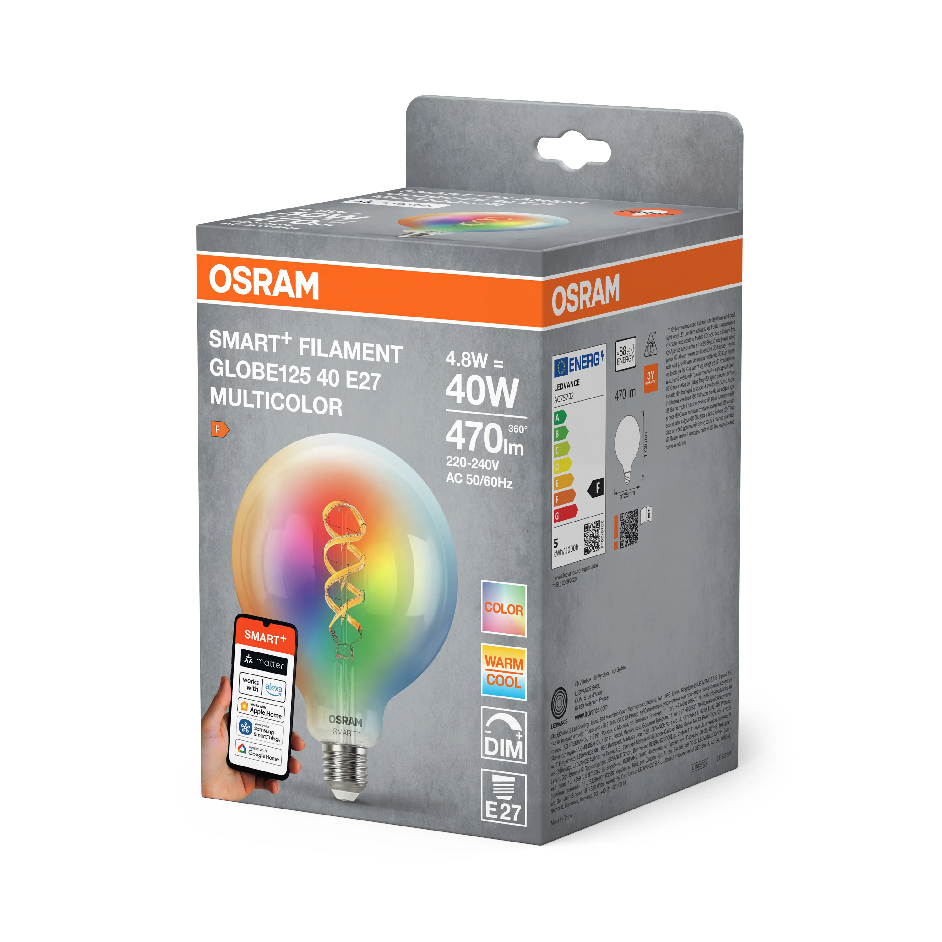Plafon LED OSRAM SMART+ MATTER Filament Multicolor Classic Globe 125 40 4.8W E27 - Image 6