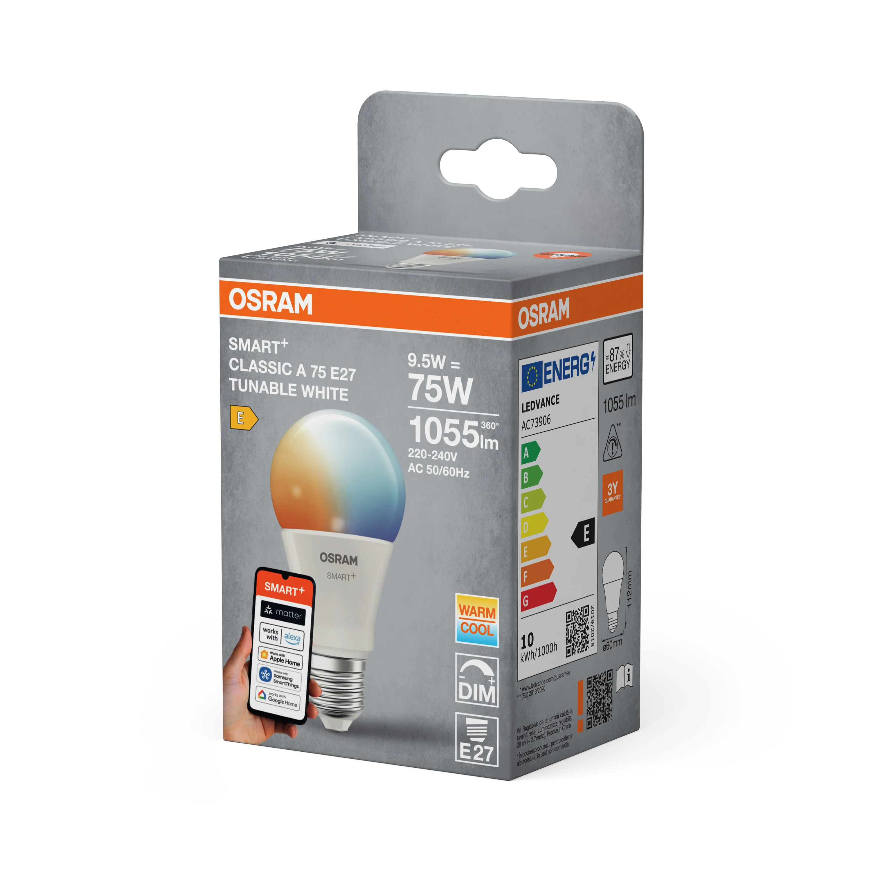 Plafon LED OSRAM SMART+ MATTER Tunable biały Classic A75 9.5W E27 - Image 6