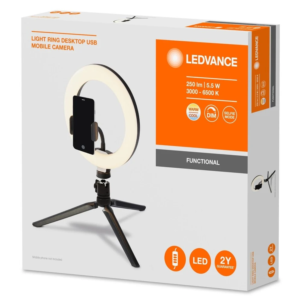 Lampa LED BT LINEAR MOBILE RING 5,5W, przenośna, doświetlenie aparatu, okrągły moduł LED, ściemnialna, ładowanie USB, regulowana biel. - Image 3