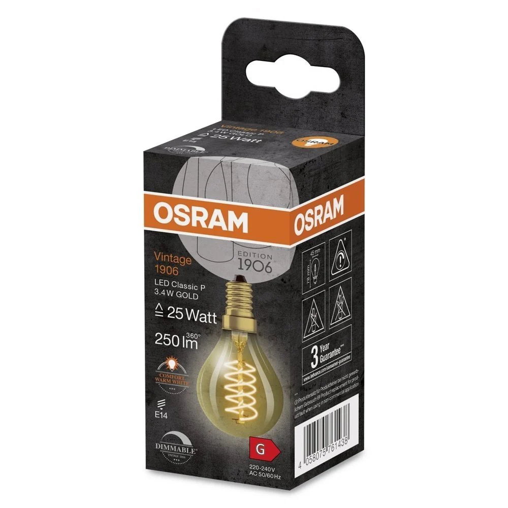 Żarówka LED Vintage 1906 LED E14 3,4W CLASSIC A,B,P SLIM FILAMENT 25 GOLD E14, ściemnialna, barwa ciepła. - Image 3