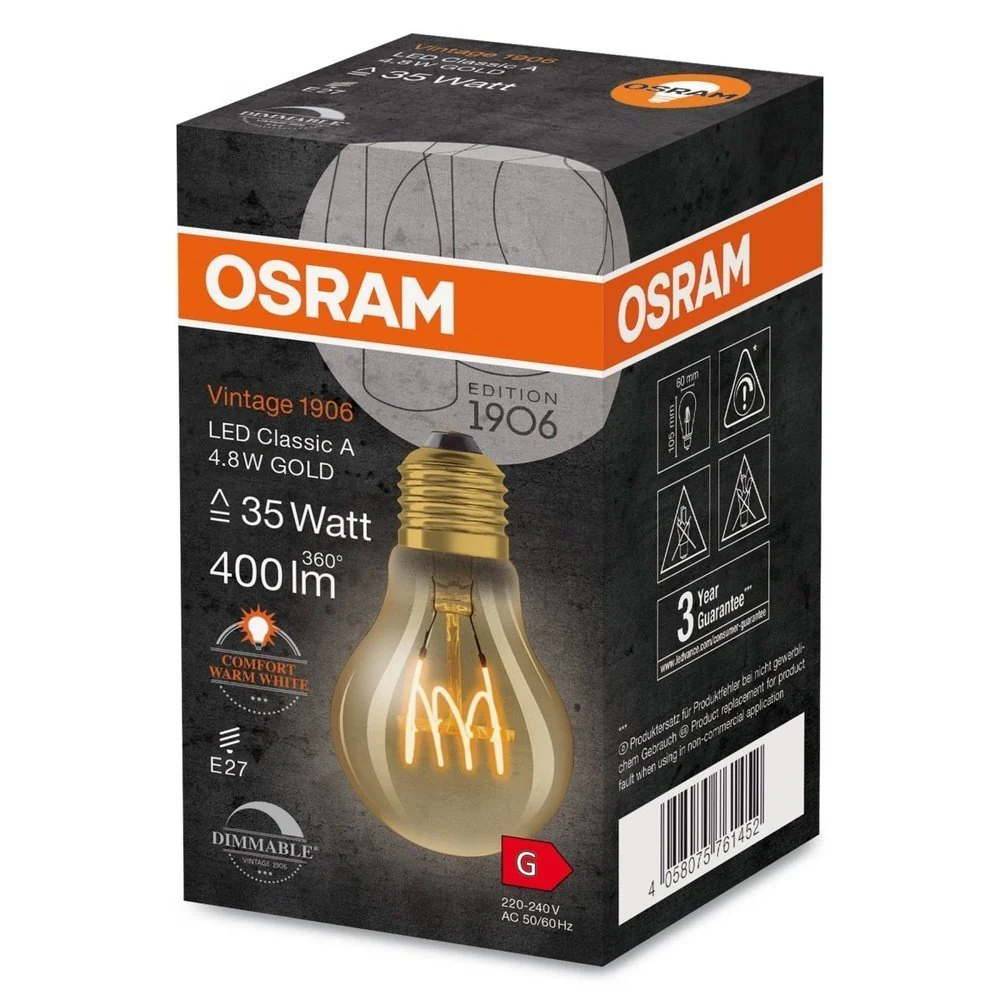 Żarówka LED Vintage 1906 LED CLASSIC A,B,P SLIM FILAMENT DIMMABLE 35  4.8 W/2200 K GOLD E27 - Image 3