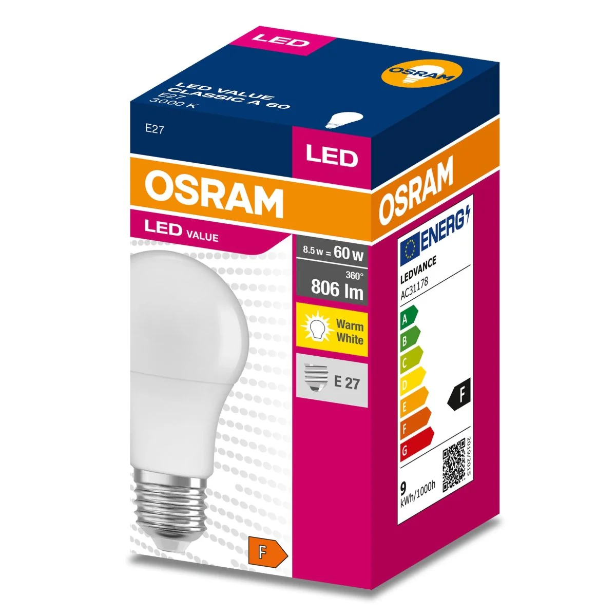 Żarówka LED A60 E27 8W = 60W 806lm 3000K Ciepła 180° VALUE CLASSIC - Image 2