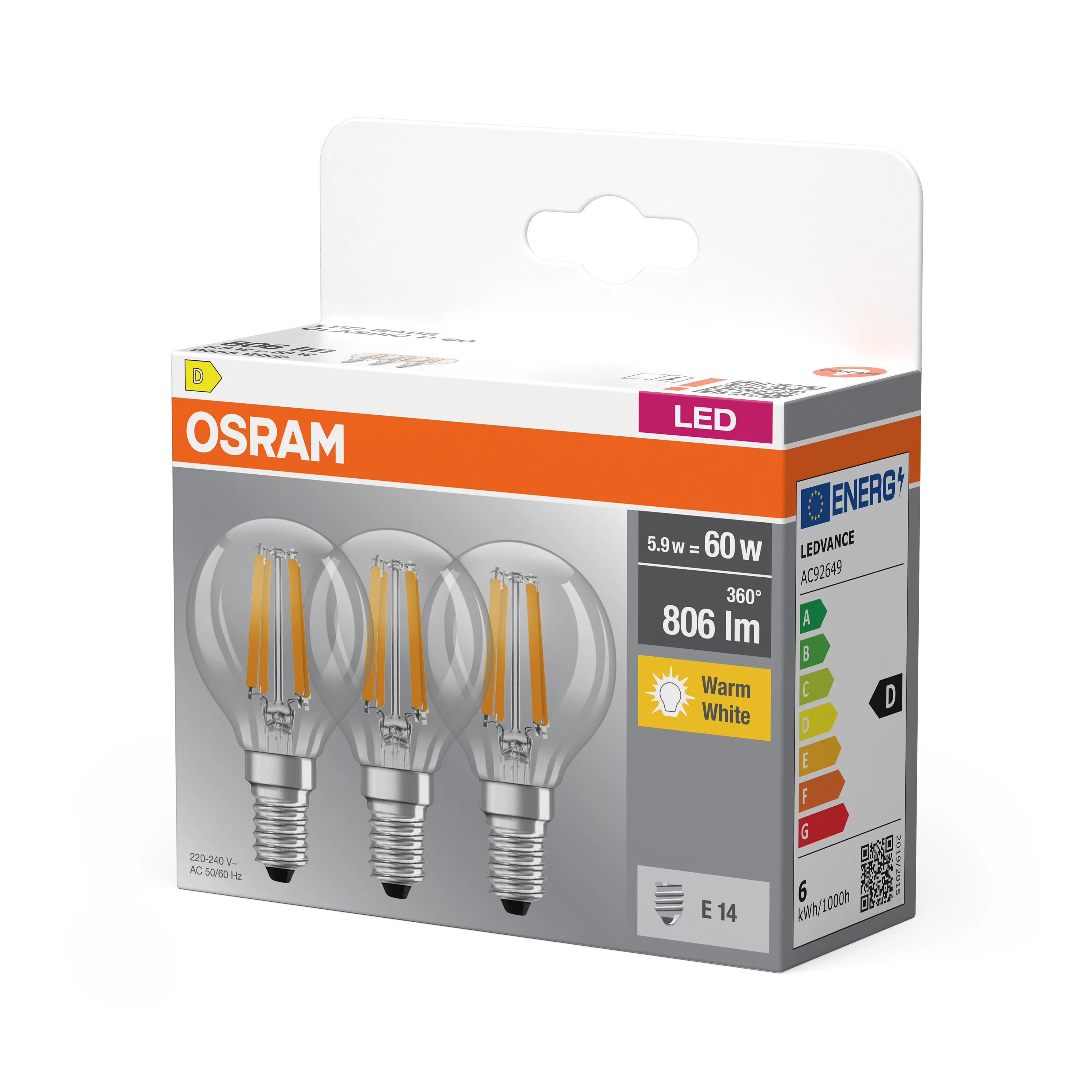 Żarówka LED OSRAM LED Base Classic P 60 Filament 5.9W 827 Clear E14 - Image 5