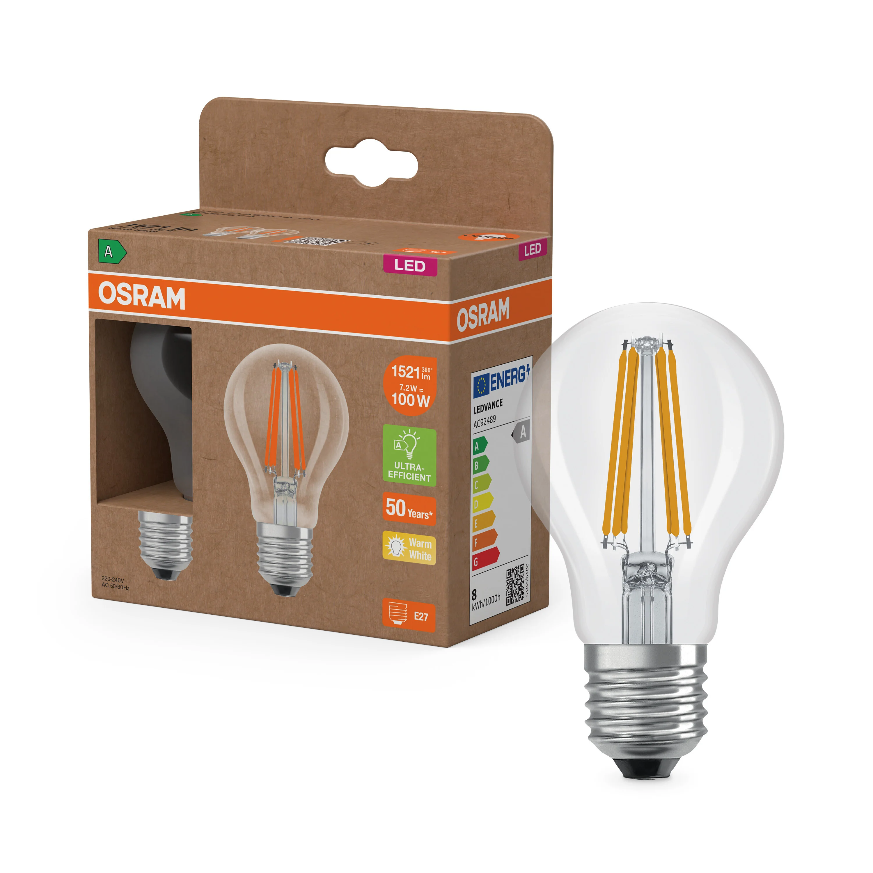 Żarówka LED OSRAM LED Classic A 100 Filament Energy efficiency class A 7.2W 827 Clear E27 - Image 4