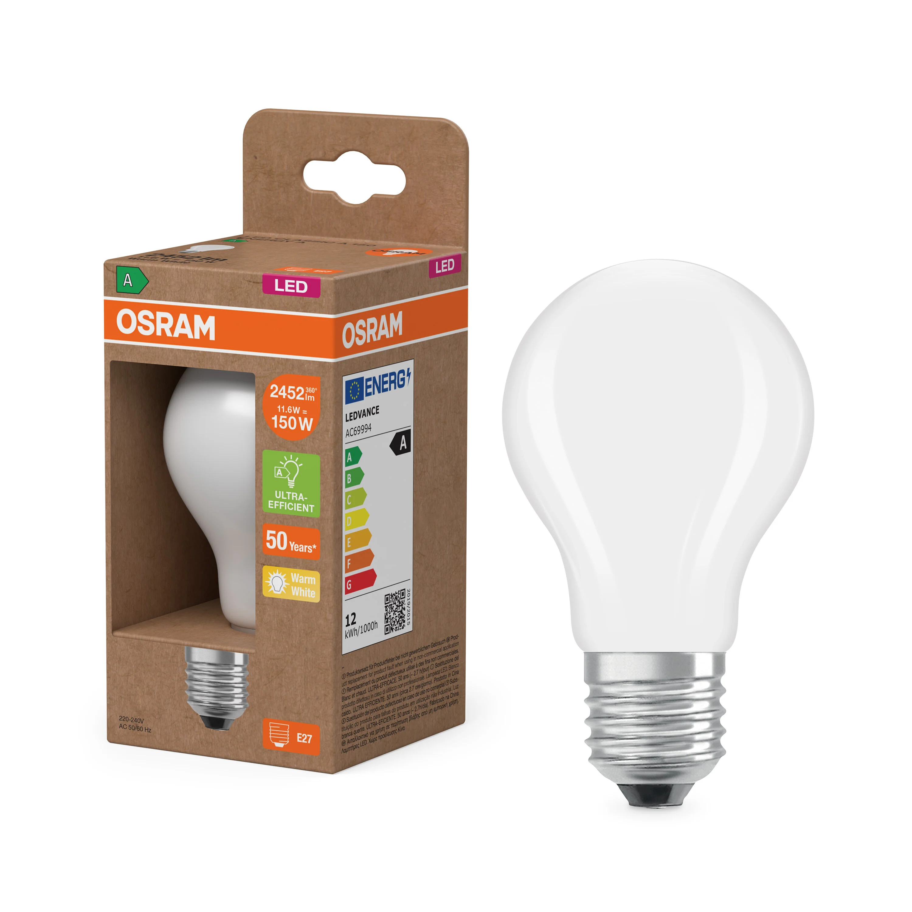 Żarówka LED OSRAM LED Classic A 150 Filament Energy efficiency class A 11.6W 827 Frosted E27 - Image 4