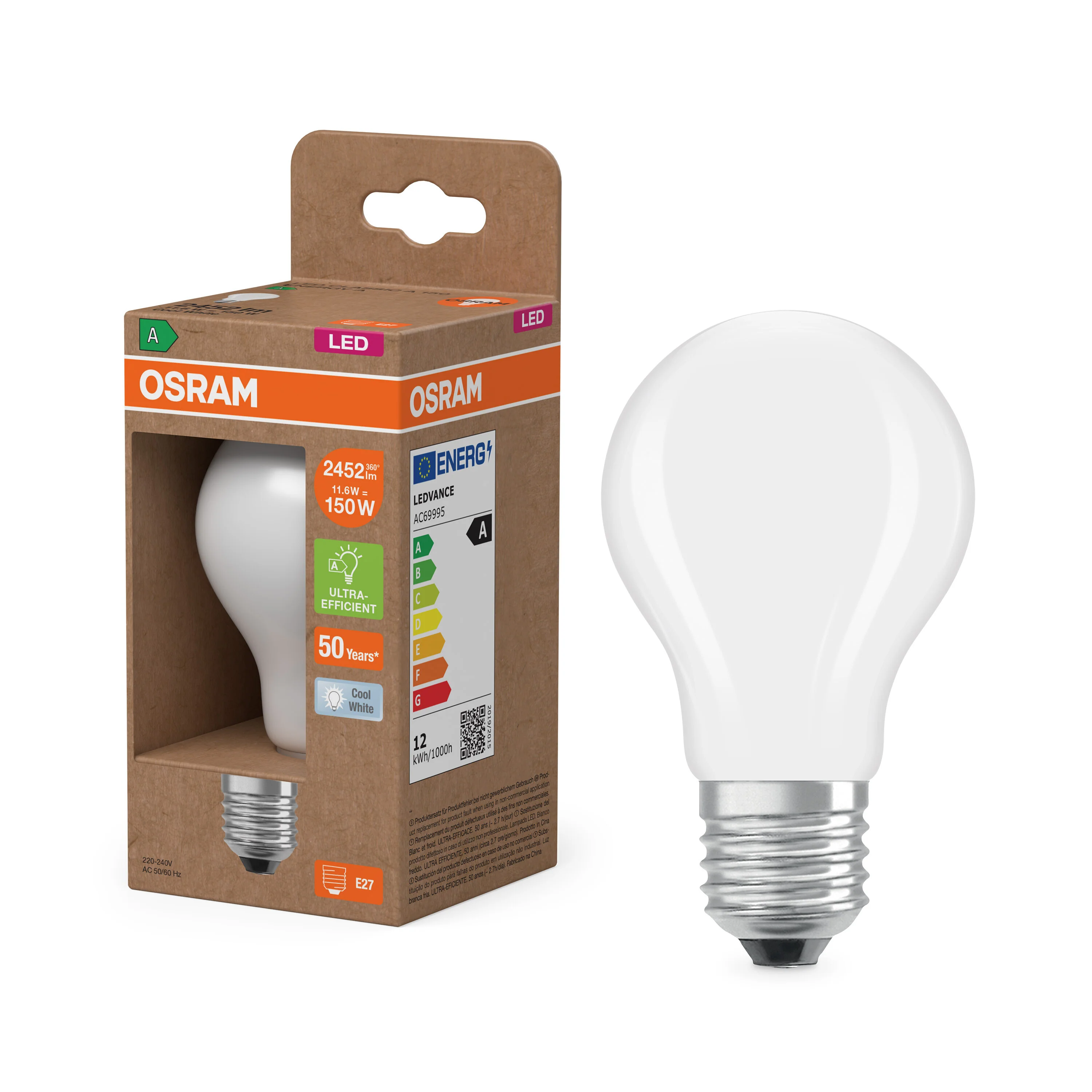 Żarówka LED OSRAM LED Classic A 150 Filament Energy efficiency class A 11.6W 840 Frosted E27 - Image 4
