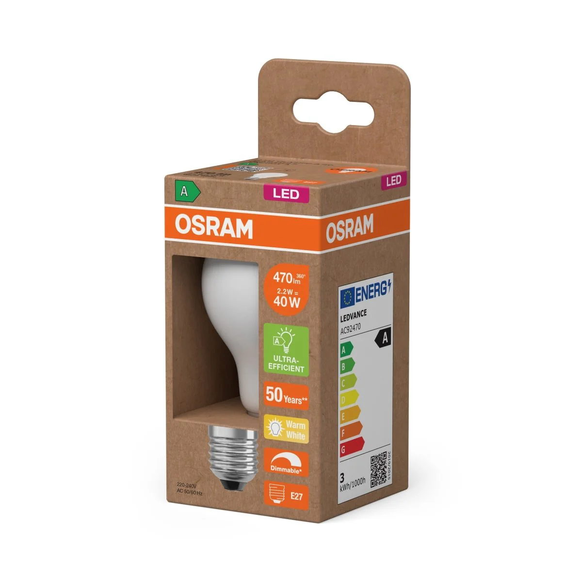 Żarówka LED OSRAM LED Classic A 40 Filament DIM Energy efficiency class A 2.2W 827 Frosted E27 - Image 2